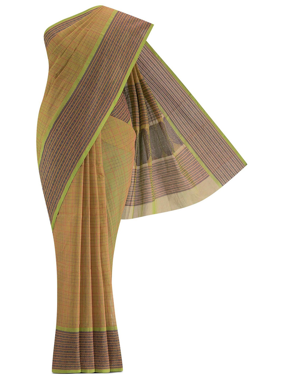 

Nalli Next Green & Brown Checked Pure Cotton Saree