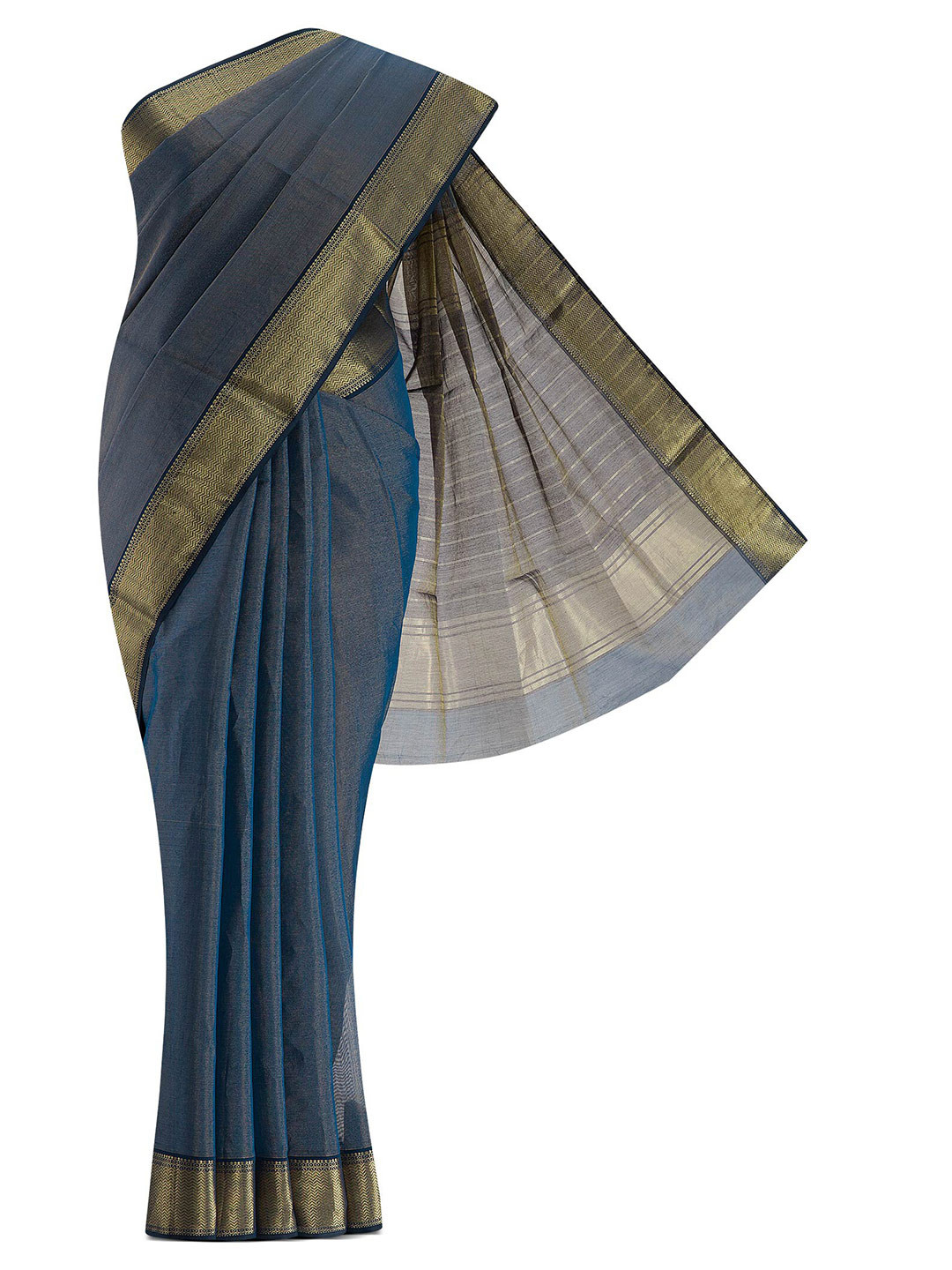 

Nalli Next Blue & Gold-Toned Striped Zari Silk Cotton Saree