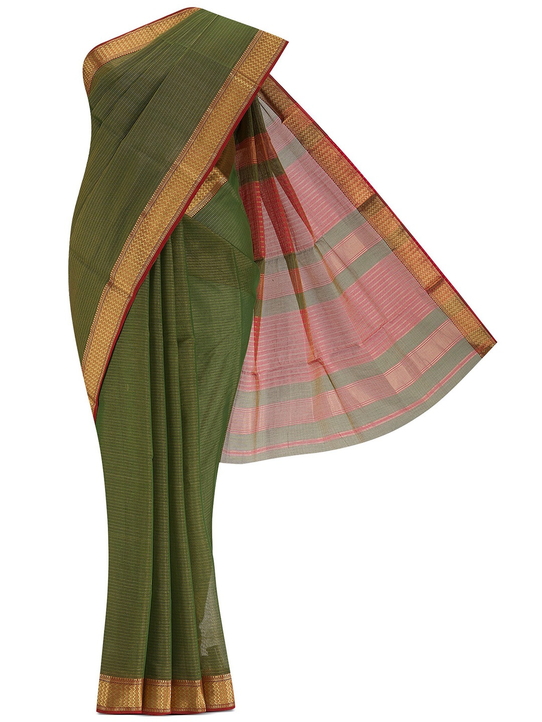 

Nalli Next Green & Gold-Toned Striped Zari Silk Cotton Saree