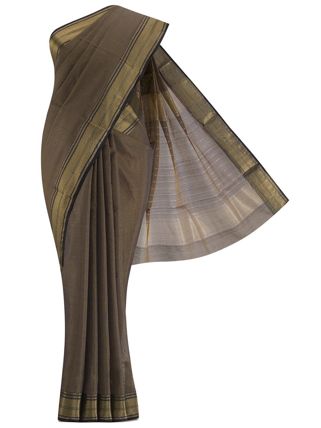 

Nalli Next Women Grey & Gold-Toned Striped Zari Silk Cotton Saree