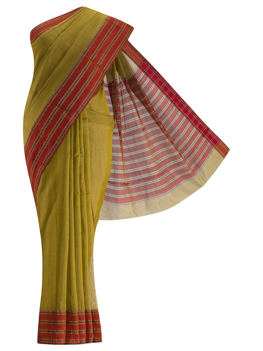 

Nalli Next Women Green & Gold-Toned Striped Zari Silk Cotton Saree