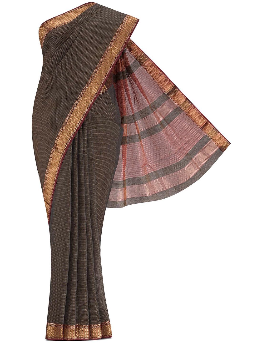 

Nalli Next Grey & Gold-Toned Striped Zari Silk Cotton Saree