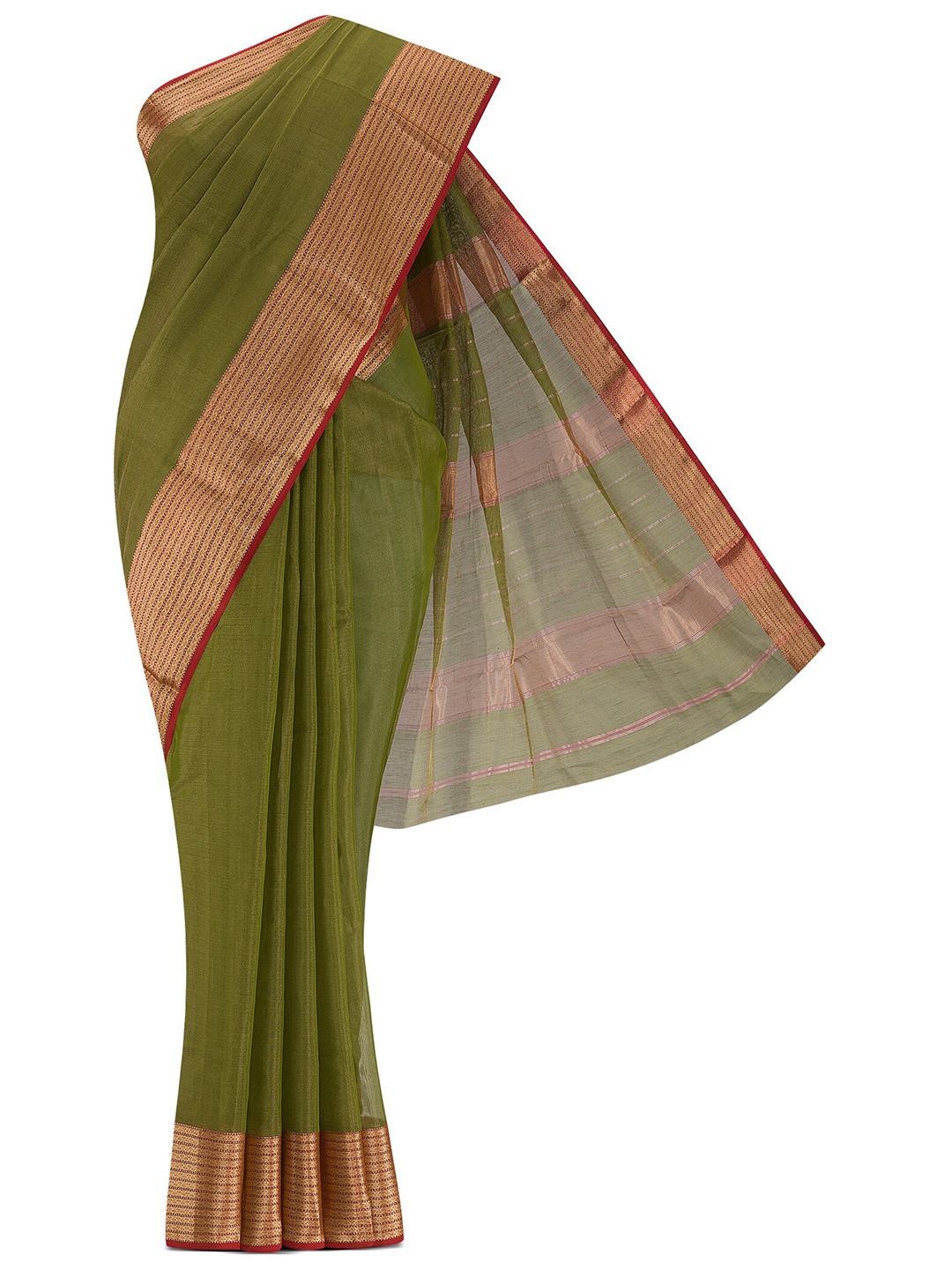 

Nalli Next Green & Gold-Toned Striped Zari Silk Cotton Saree
