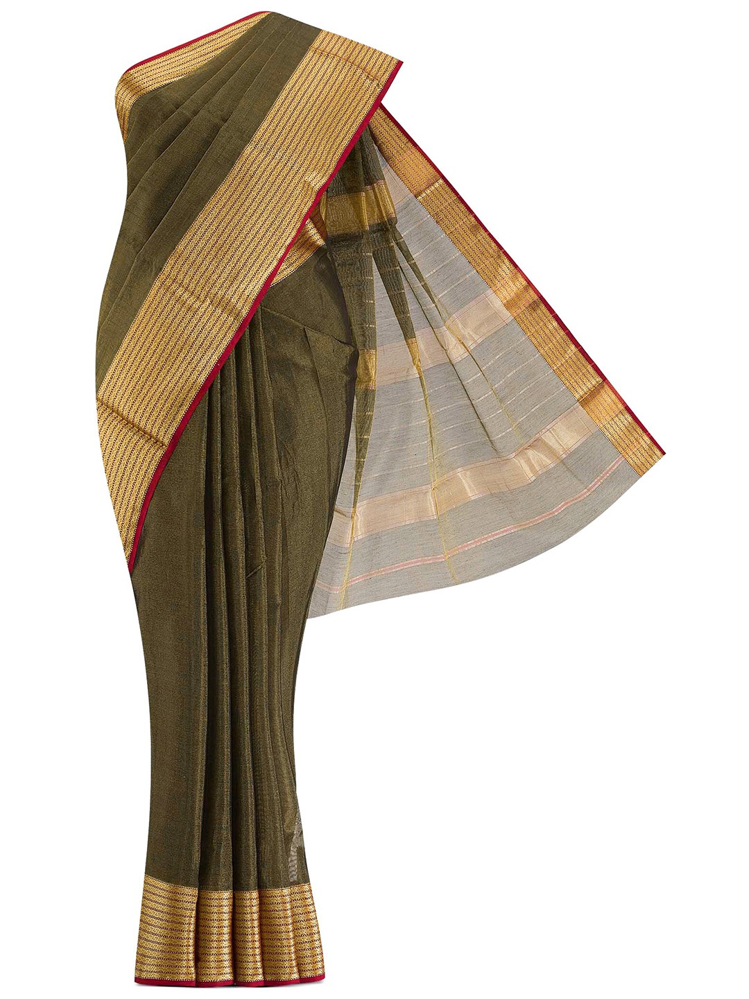 

Nalli Next Olive Green & Gold-Toned Striped Silk Cotton Saree