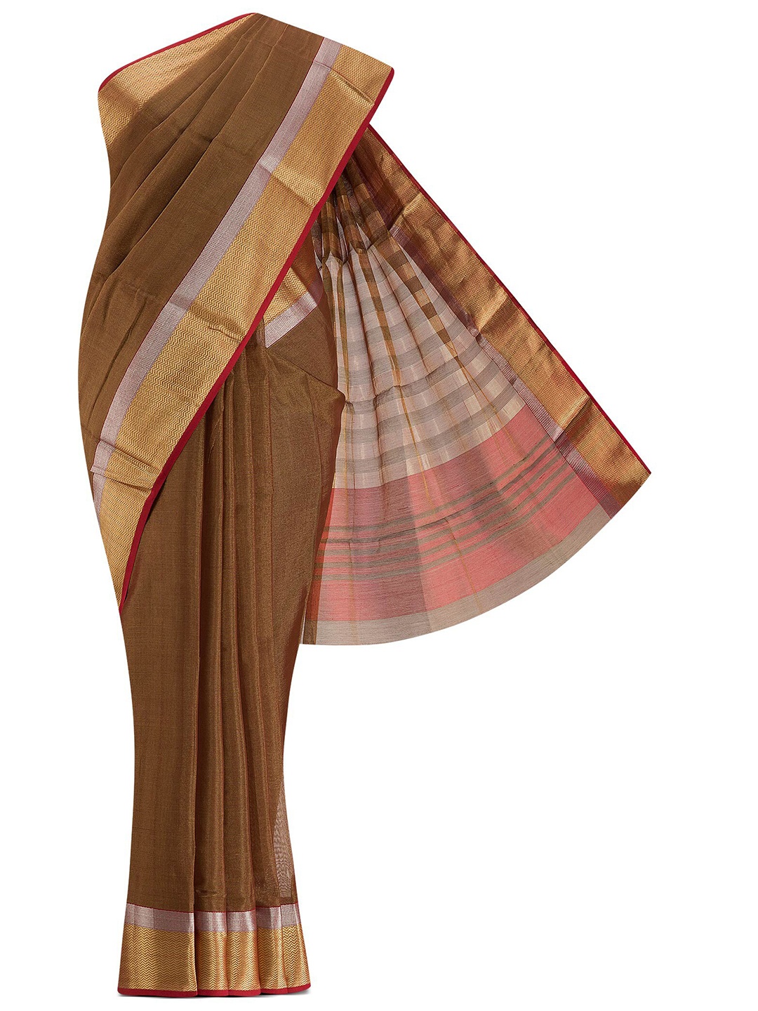 

Nalli Next Maroon & Gold-Toned Striped Zari Silk Cotton Saree