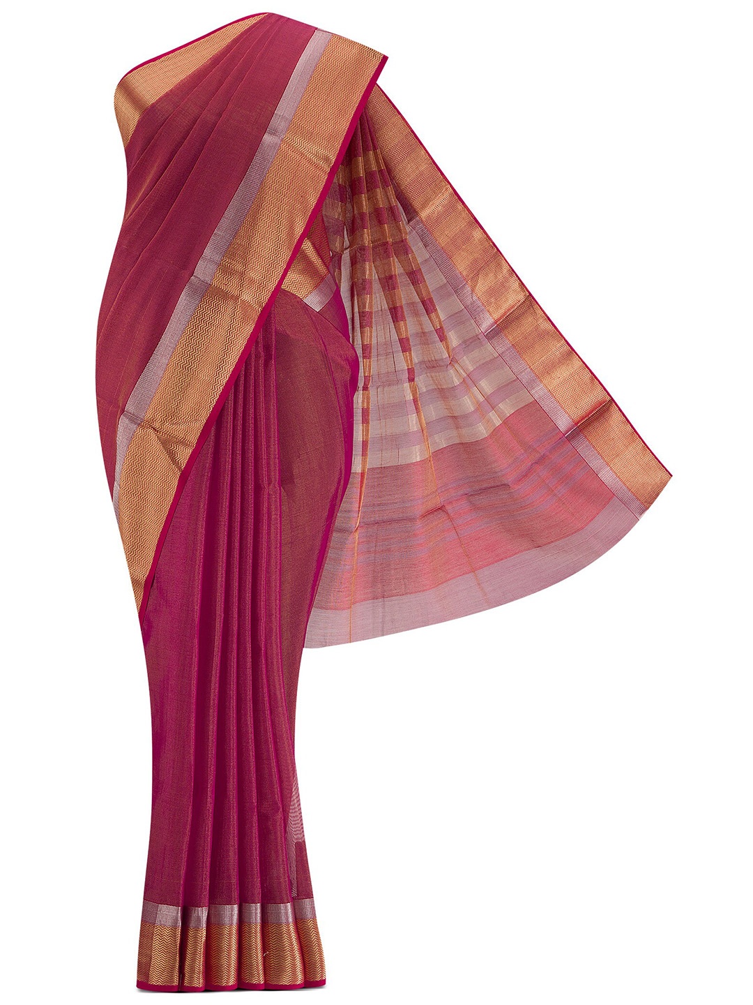 

Nalli Next Magenta & Gold-Toned Striped Zari Silk Cotton Saree