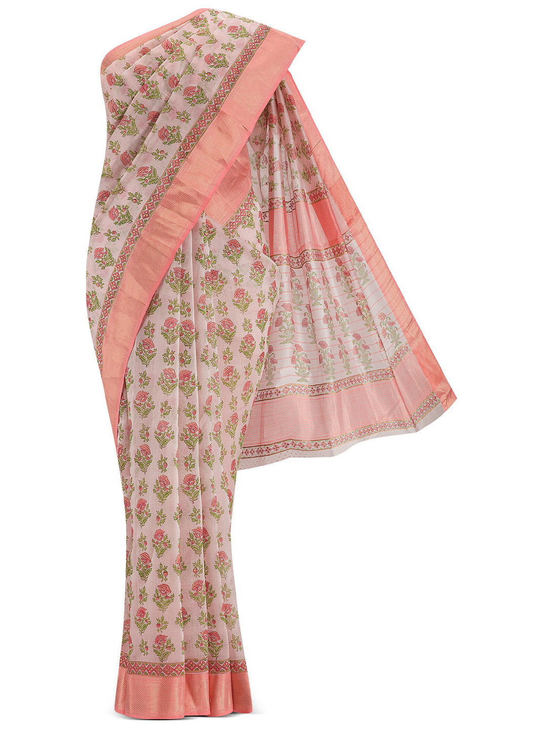 

Nalli Next Cream-Coloured & Pink Floral Zari Silk Cotton Saree