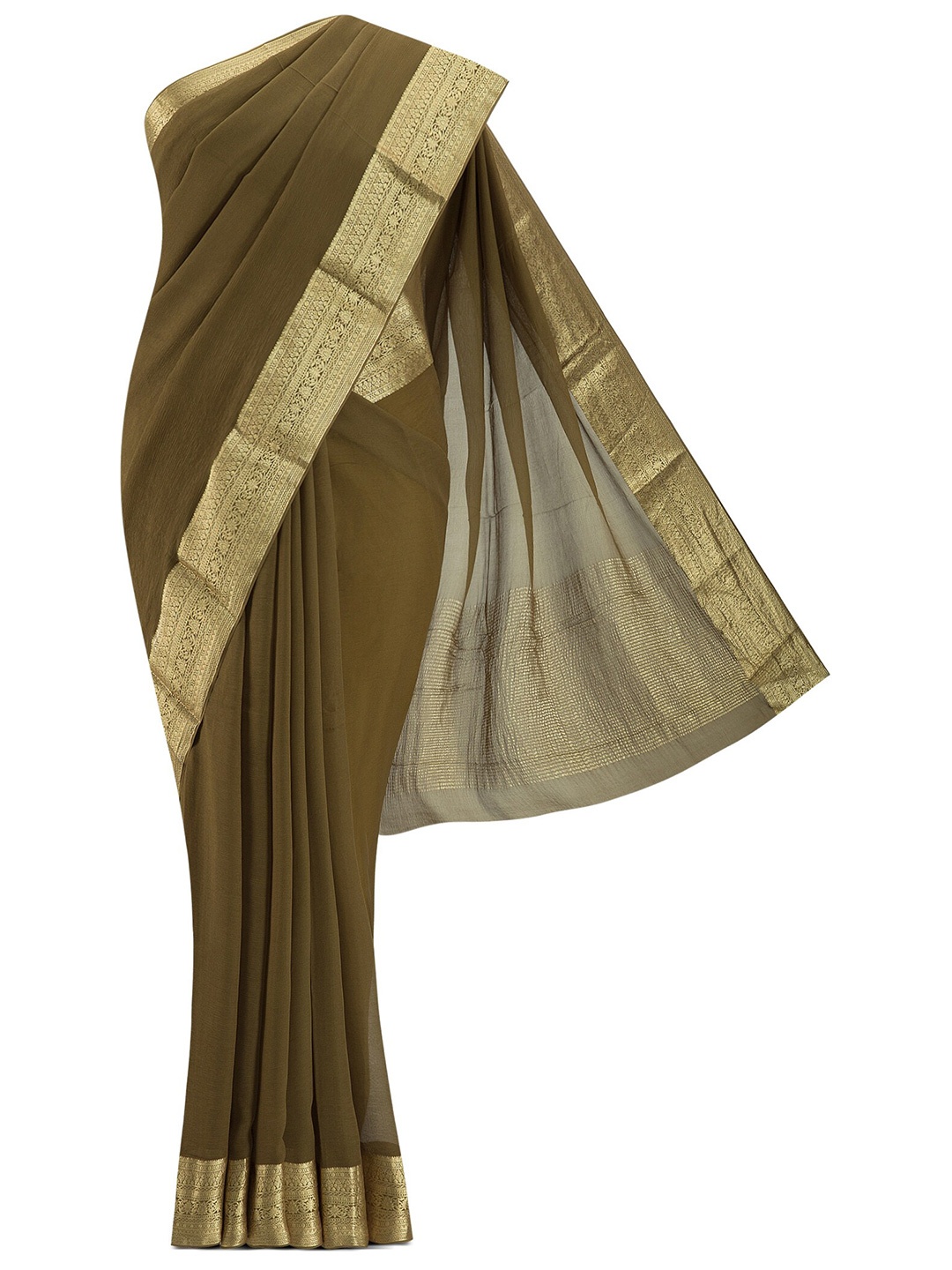 

Nalli Next Mysore Chiffon Green & Gold-Toned Zari Heavy Work Saree