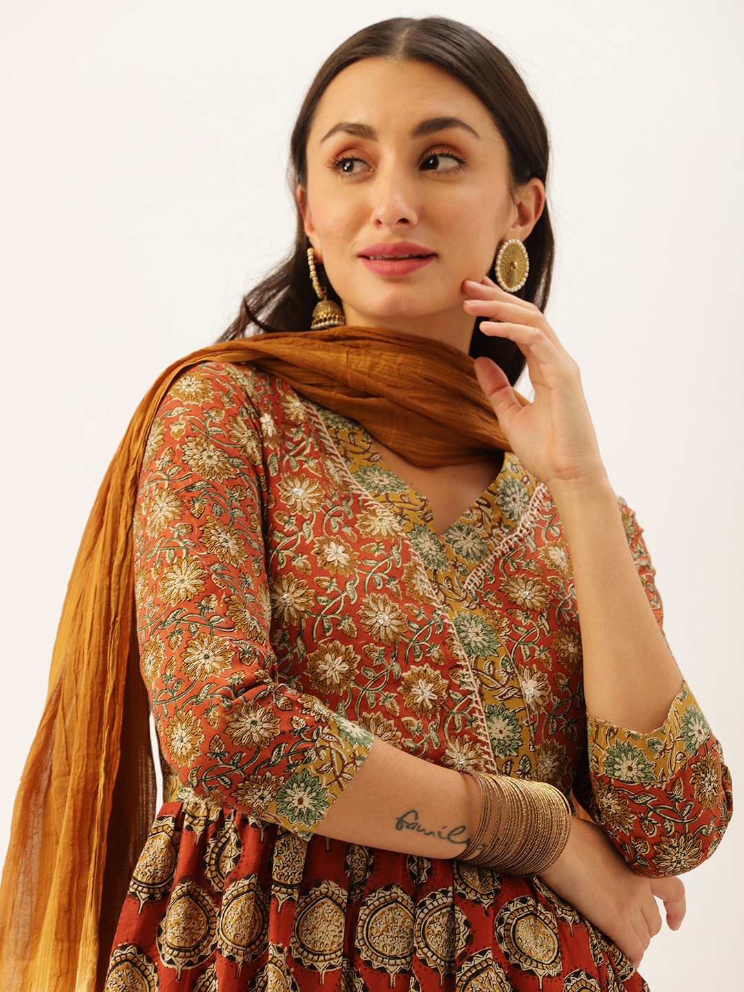 

Saanjh Women Rust Brown & Green Printed Angrakha Cotton Kurta with Trousers & With Dupatta