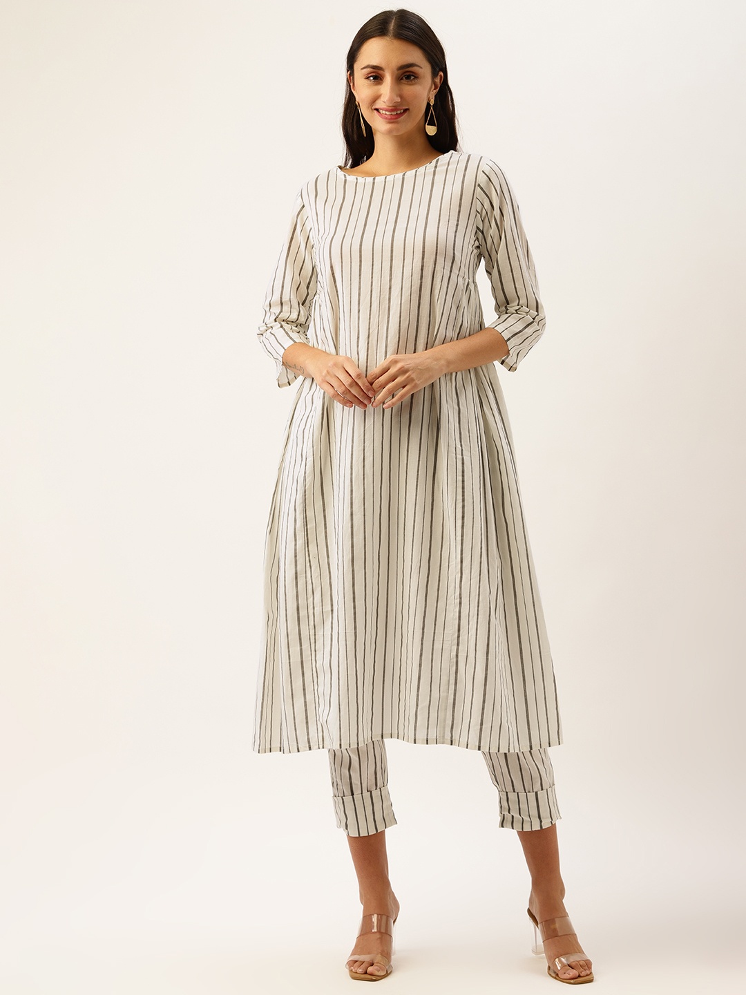 

Saanjh Women Off White & Grey Striped Pleated Pure Cotton Kurta with Trousers
