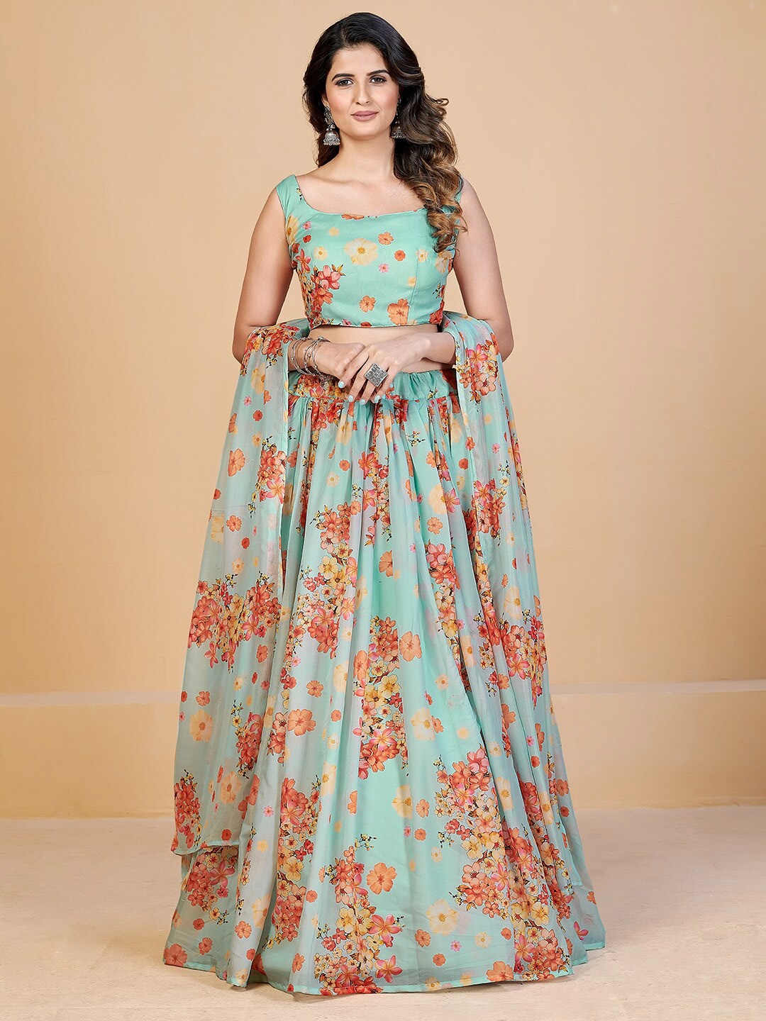 

SHOPGARB Sea Green & Red Printed Semi-Stitched Lehenga & Unstitched Blouse With Dupatta