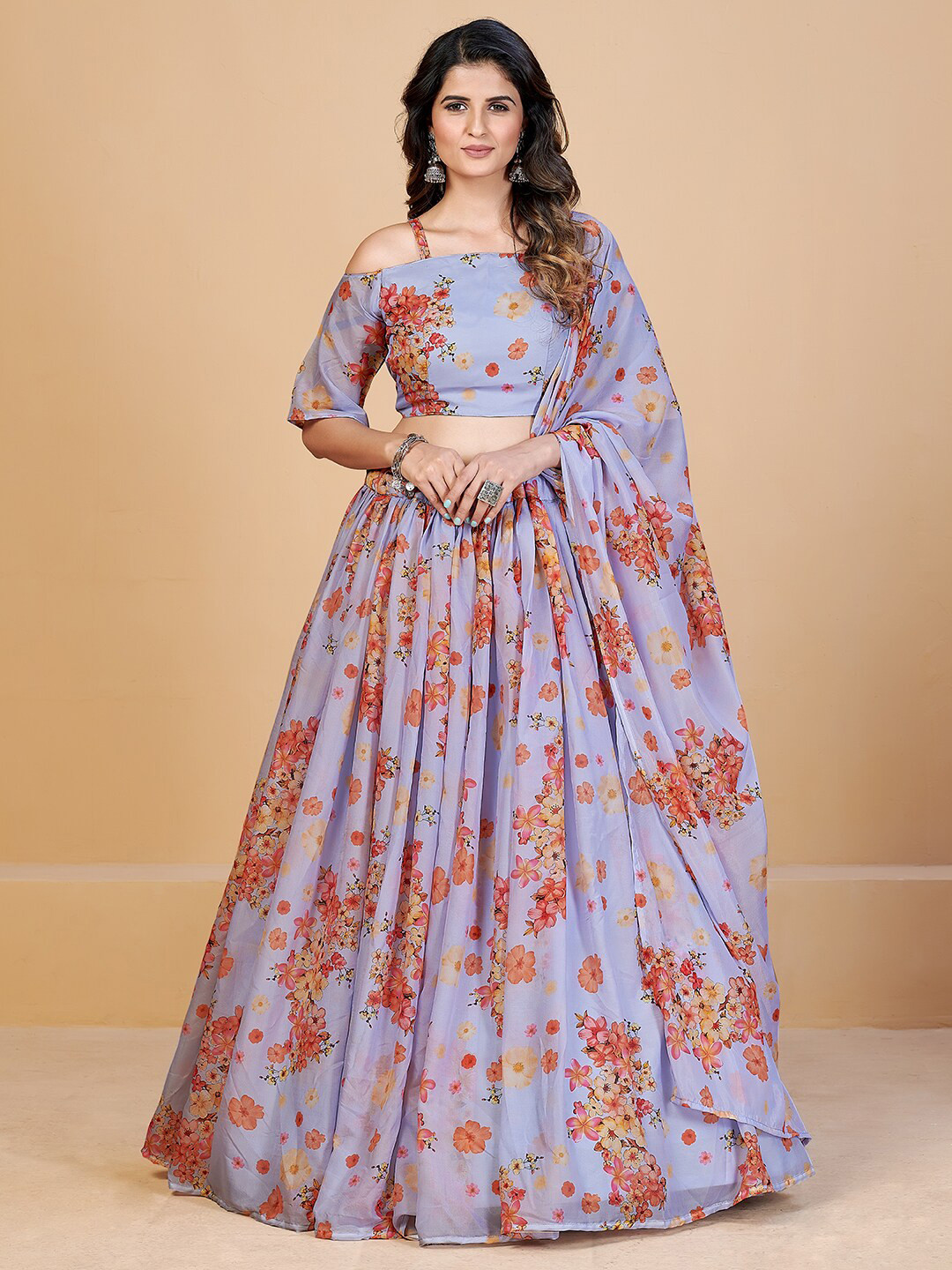 

SHOPGARB Lavender & Orange Printed Semi-Stitched Lehenga & Unstitched Blouse With Dupatta