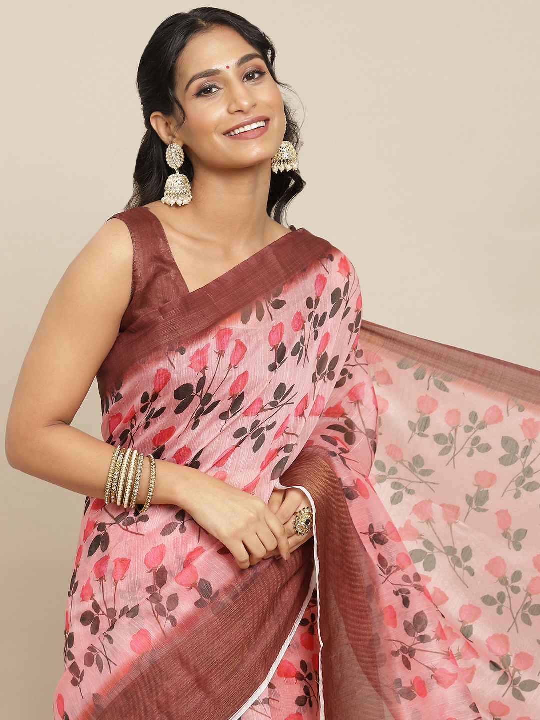 

Mitera Peach-Coloured & Green Floral Linen Blend Block Print Saree