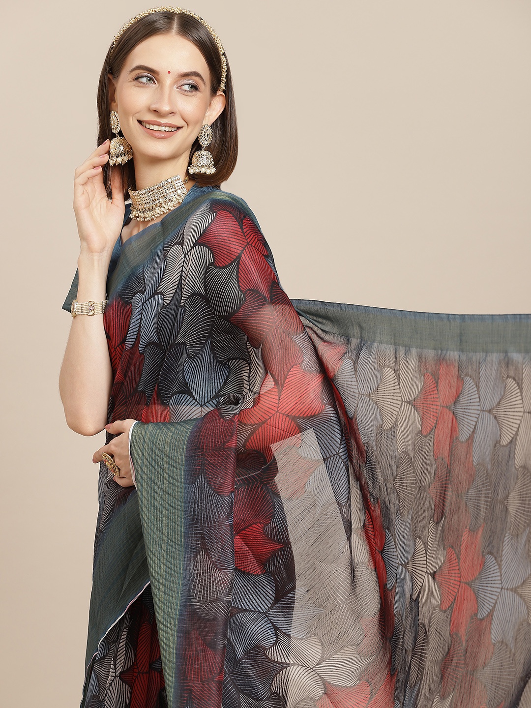 

Mitera Blue & Red Floral Linen Blend Block Print Saree