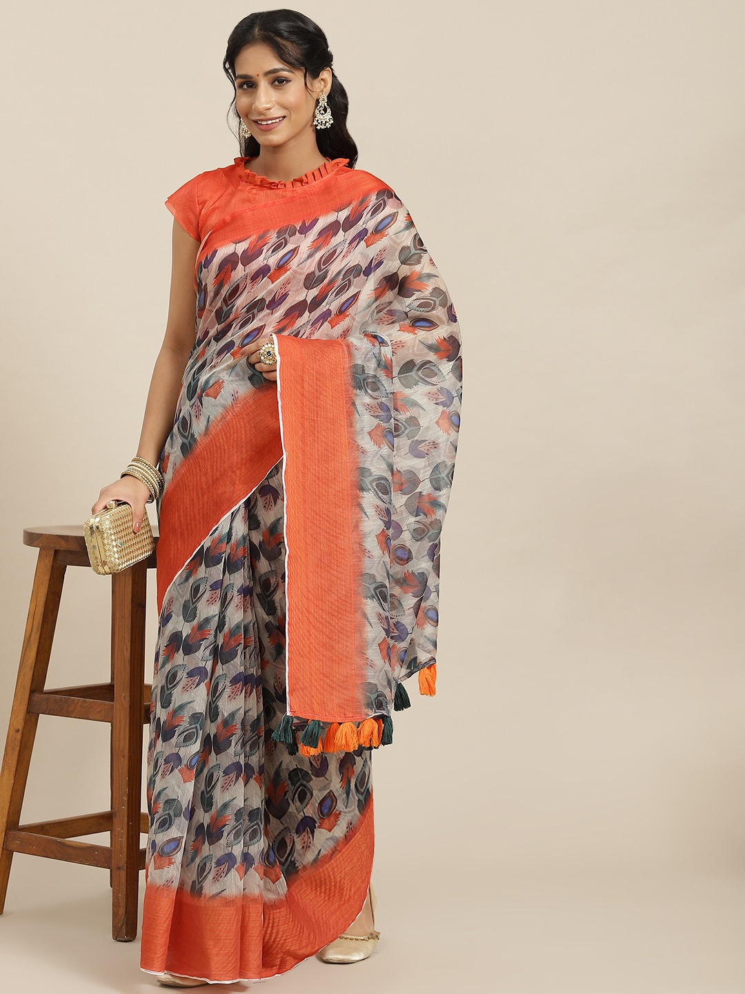 

Mitera Grey & Orange Floral Linen Blend Block Print Saree