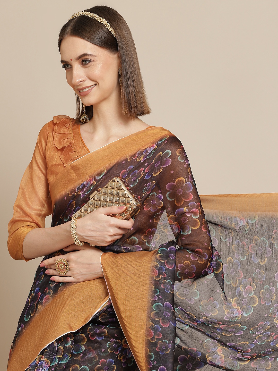 

Mitera Black & Brown Floral Linen Blend Block Print Saree