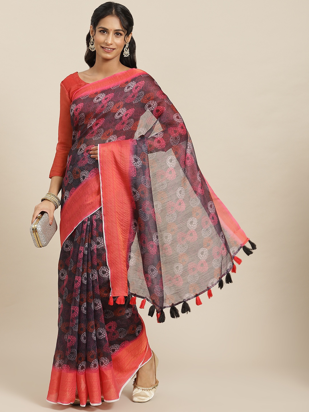 Mitera Magenta & White Floral Linen Blend Heavy Work Block Print Saree