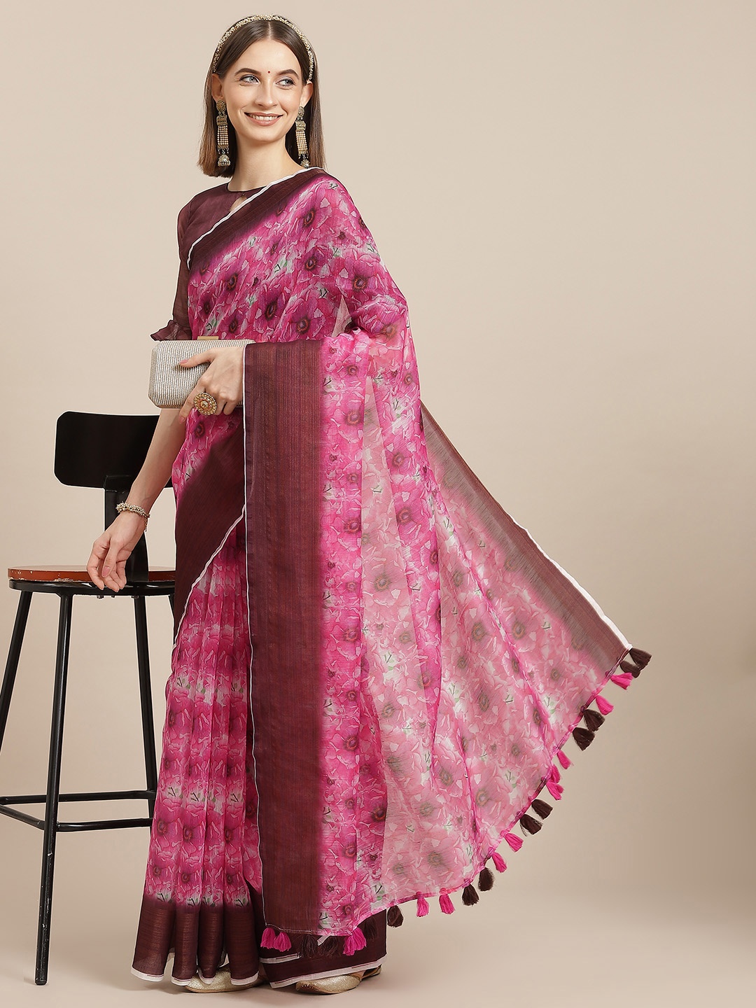 

Mitera Pink & Brown Floral Linen Blend Block Print Saree