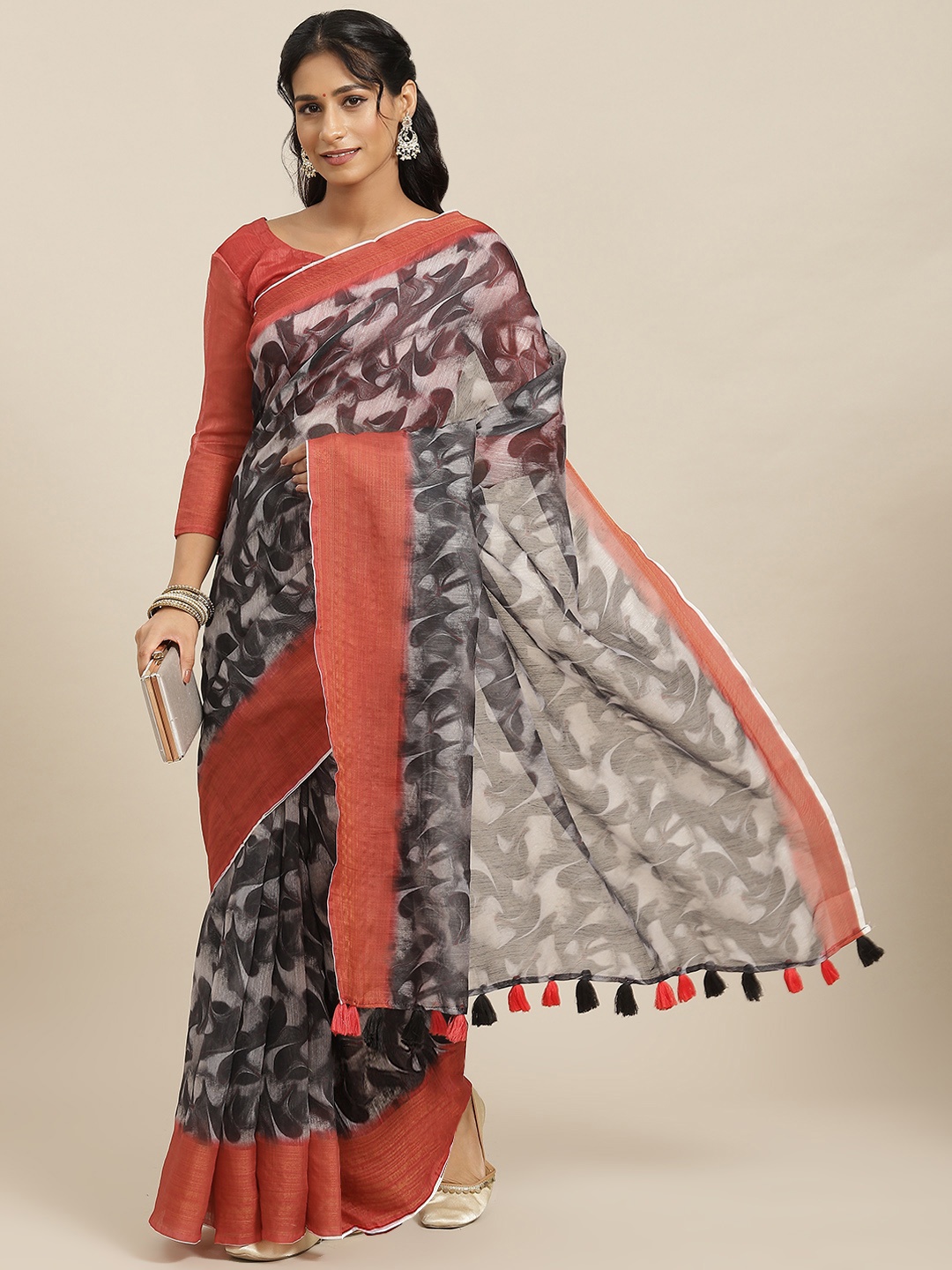 

Mitera Grey & Rust Orange Kalamkari Linen Blend Block Print Saree