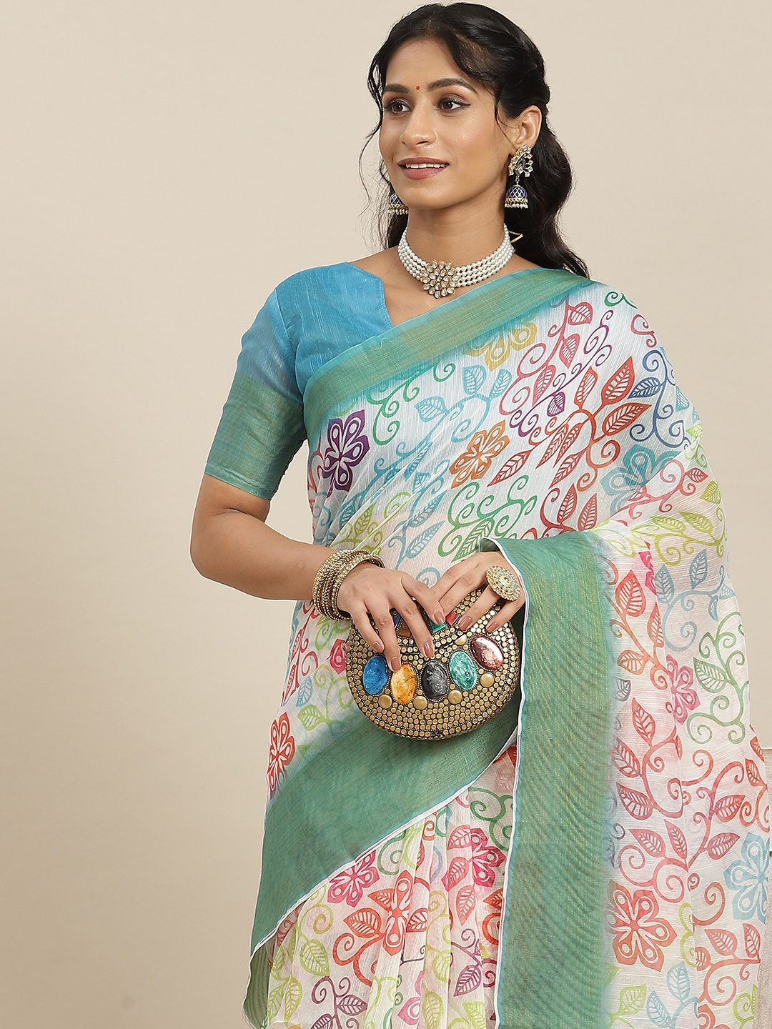 

Mitera Green & White Floral Linen Blend Block Print Saree
