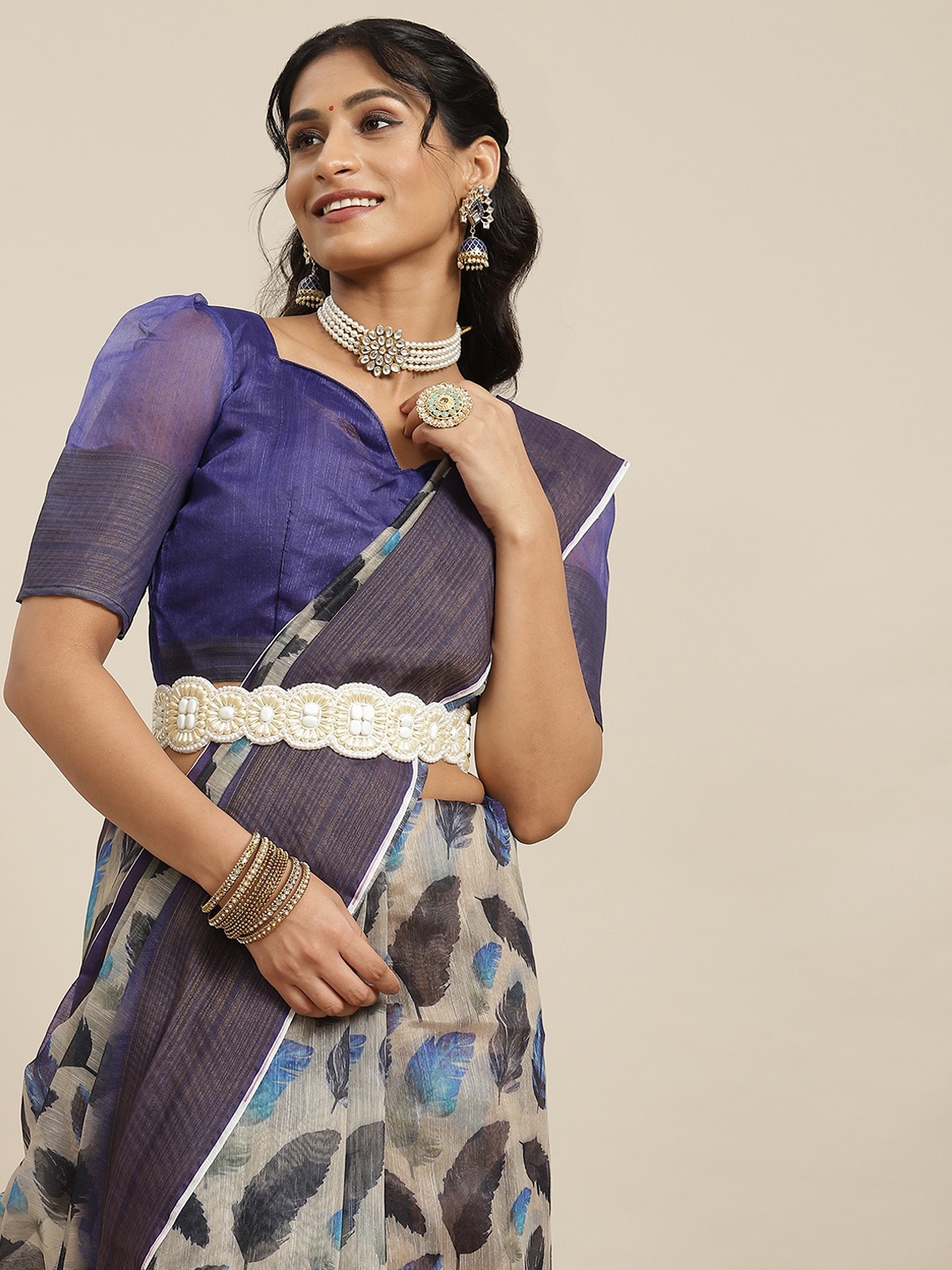 

Mitera Blue & Cream-Coloured Floral Linen Blend Block Print Saree