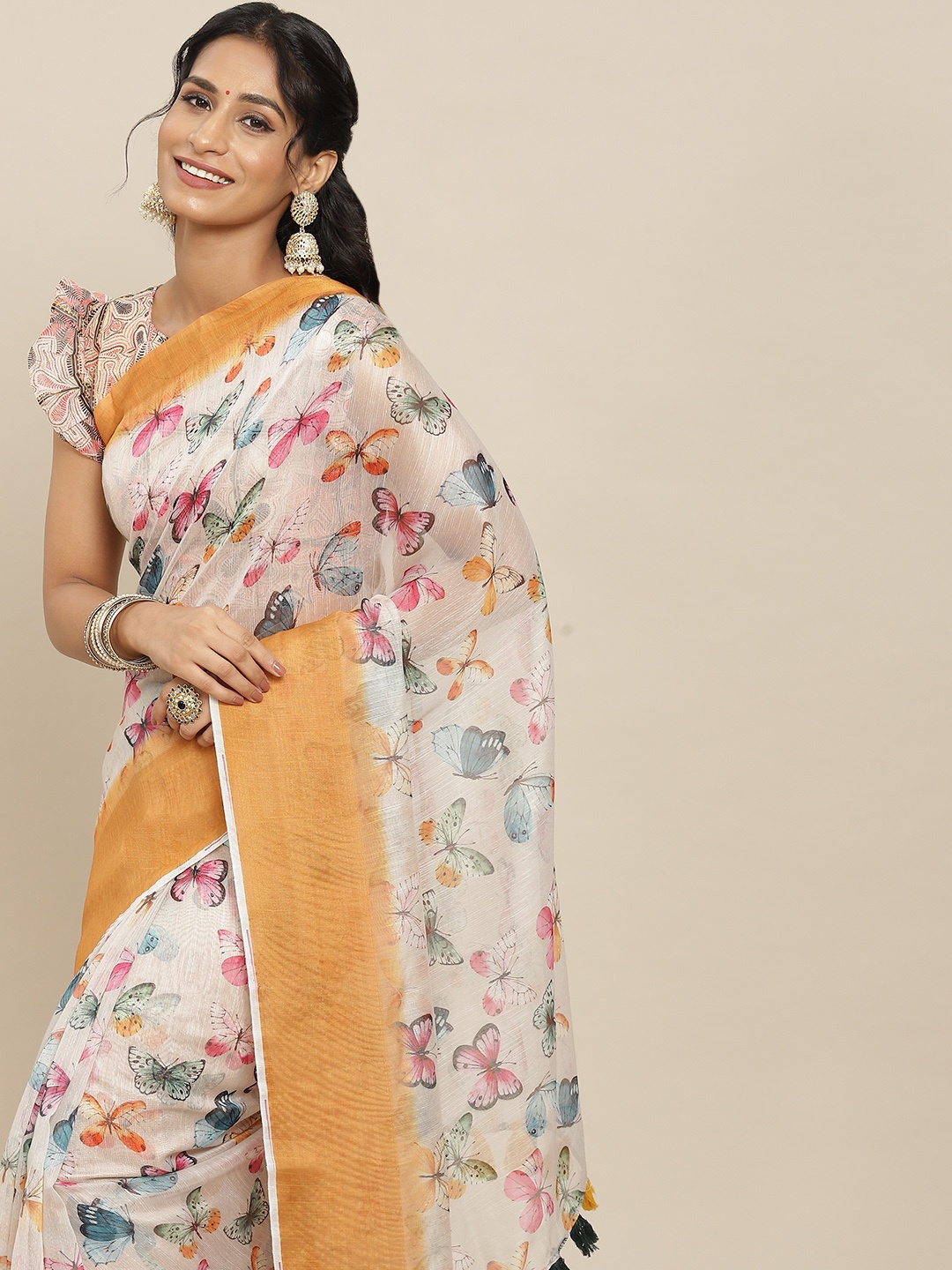

Mitera Cream-Coloured & Blue Linen Blend Block Print Saree