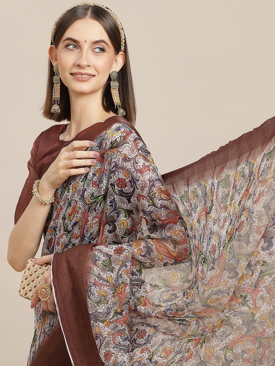 

Mitera Brown & White Floral Linen Blend Block Print Saree