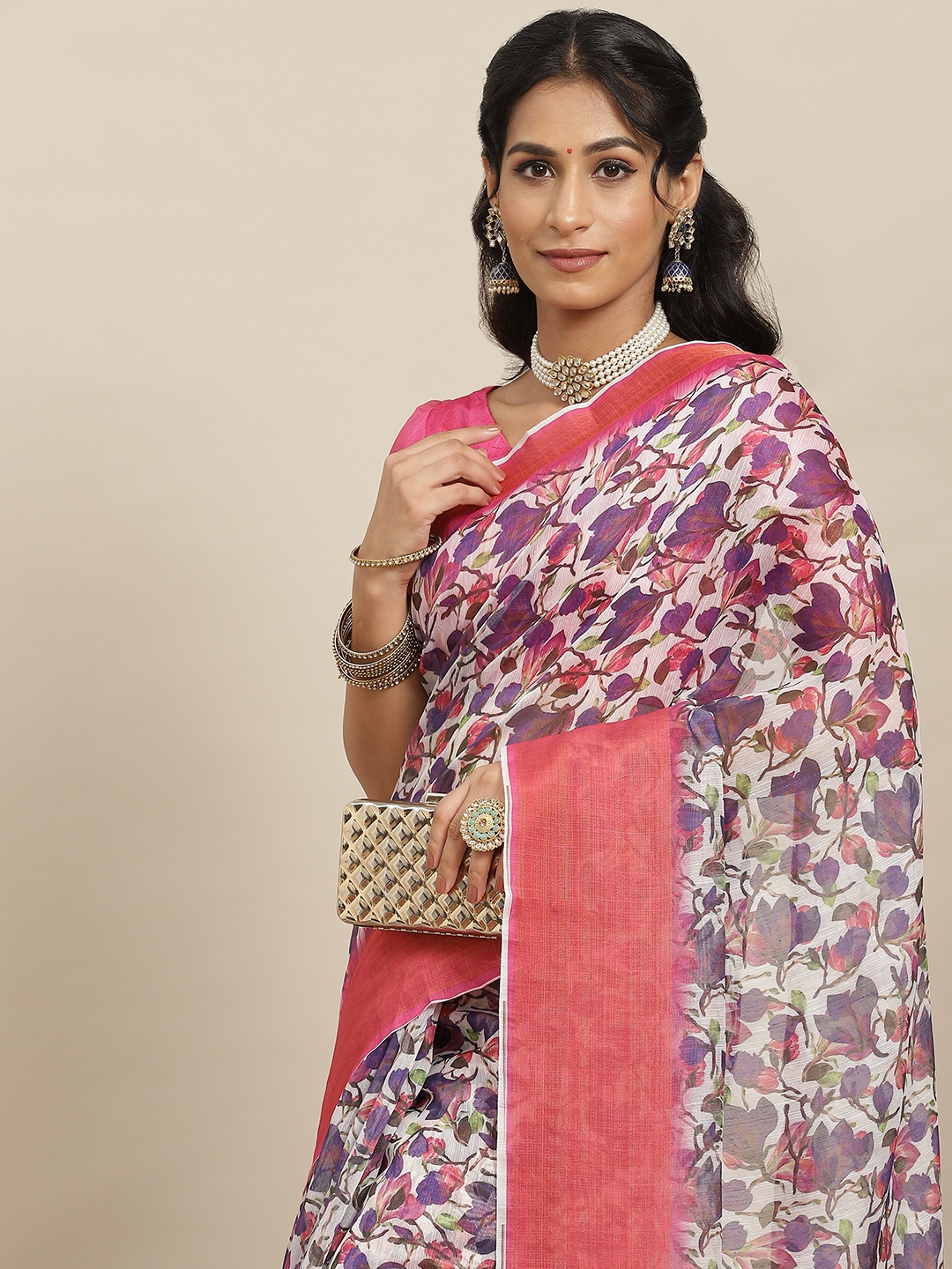 

Mitera Pink & Purple Kalamkari Linen Blend Block Print Saree
