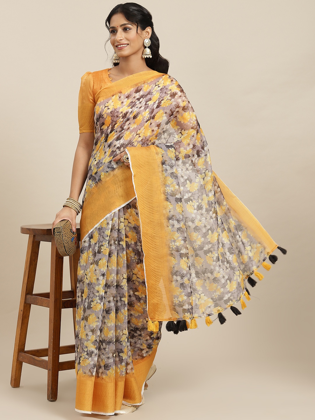 

Mitera Yellow & Purple Floral Linen Blend Block Print Saree