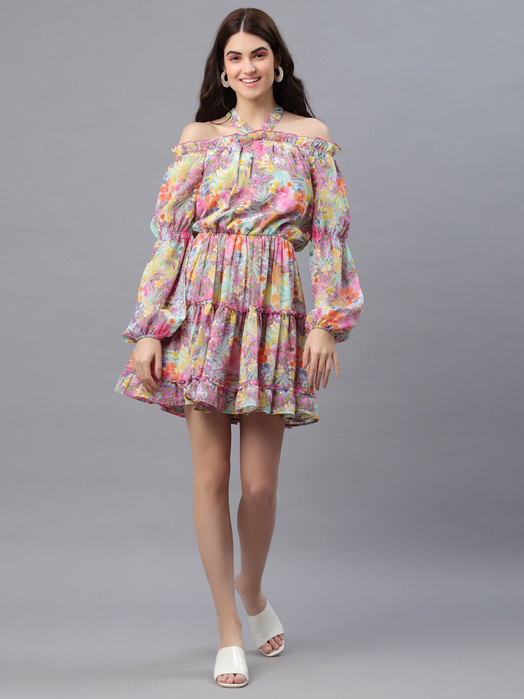 

PRETTY LOVING THING Pink Floral Off-Shoulder Chiffon Mini Fit & Flare Dress