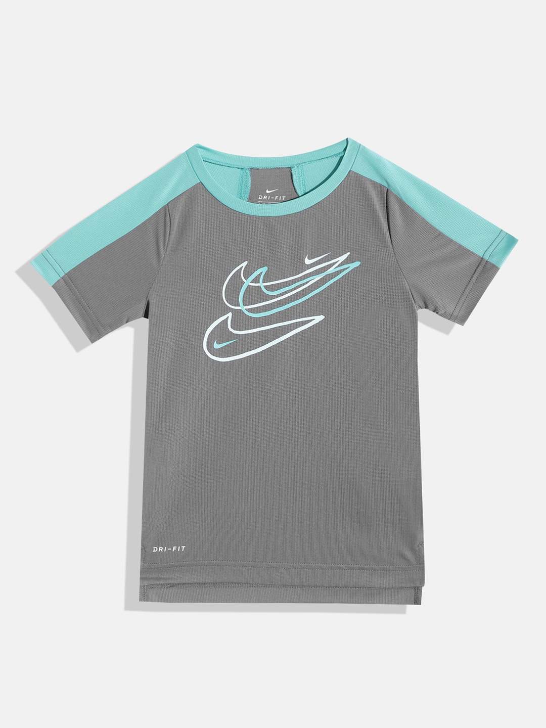 

Nike Boys Grey & Turquoise Blue Brand Logo Printed Dri-FIT T-shirt