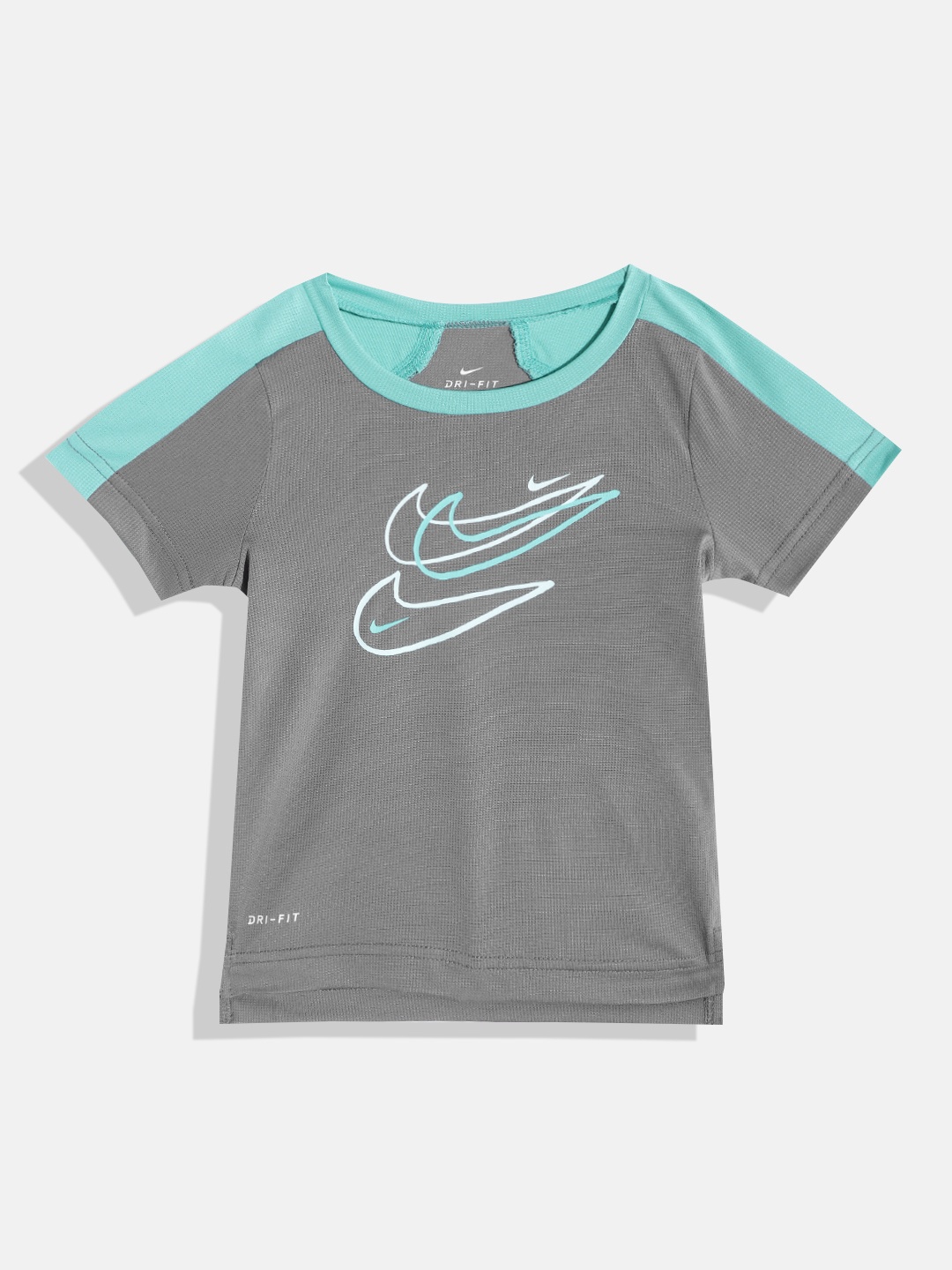 

Nike Boys Grey & Turquoise Blue Brand Logo Printed Dri-FIT T-shirt