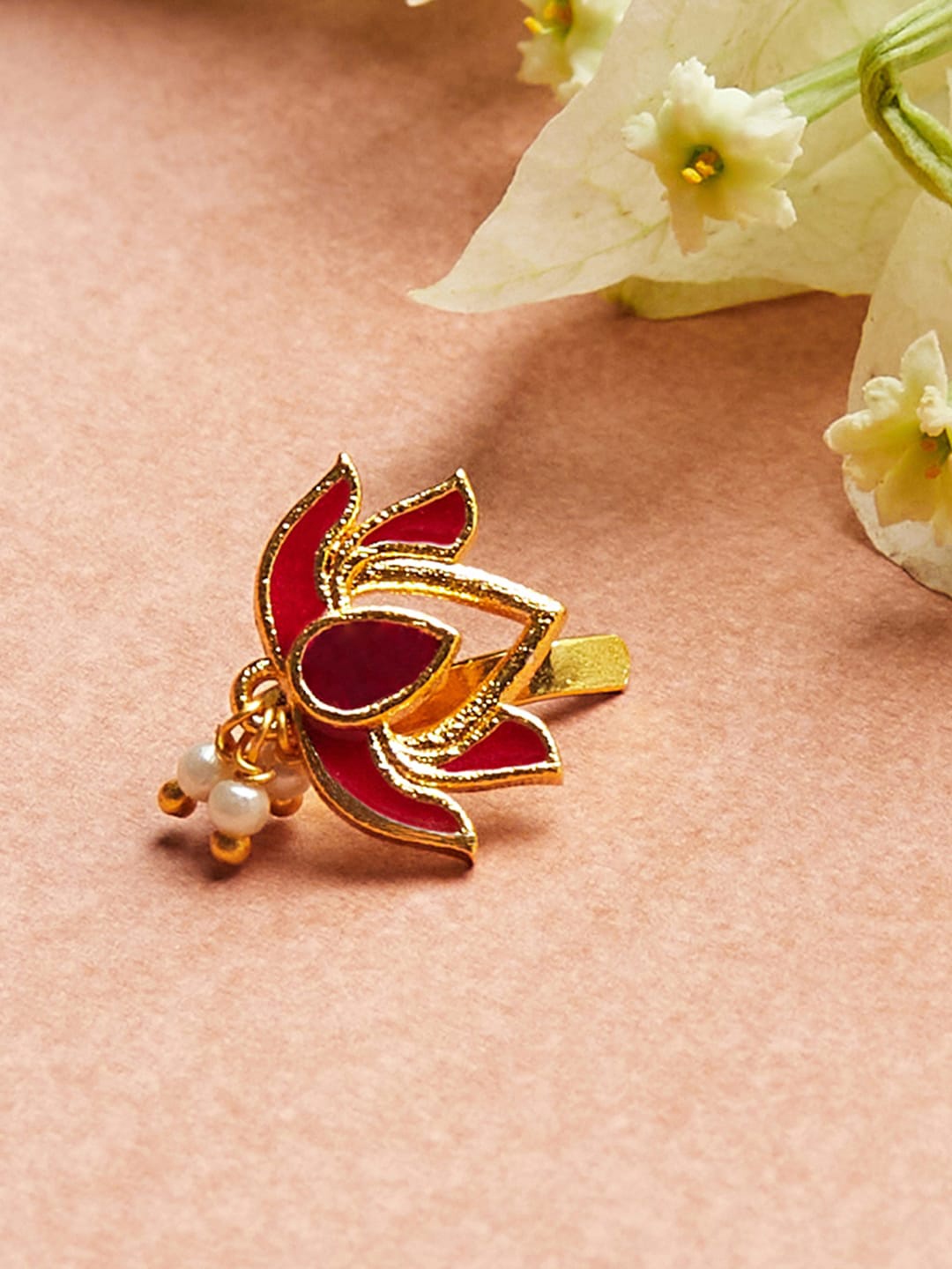 

Voylla Gold-Plated Red-Colored Lotus Motif Nose Pin