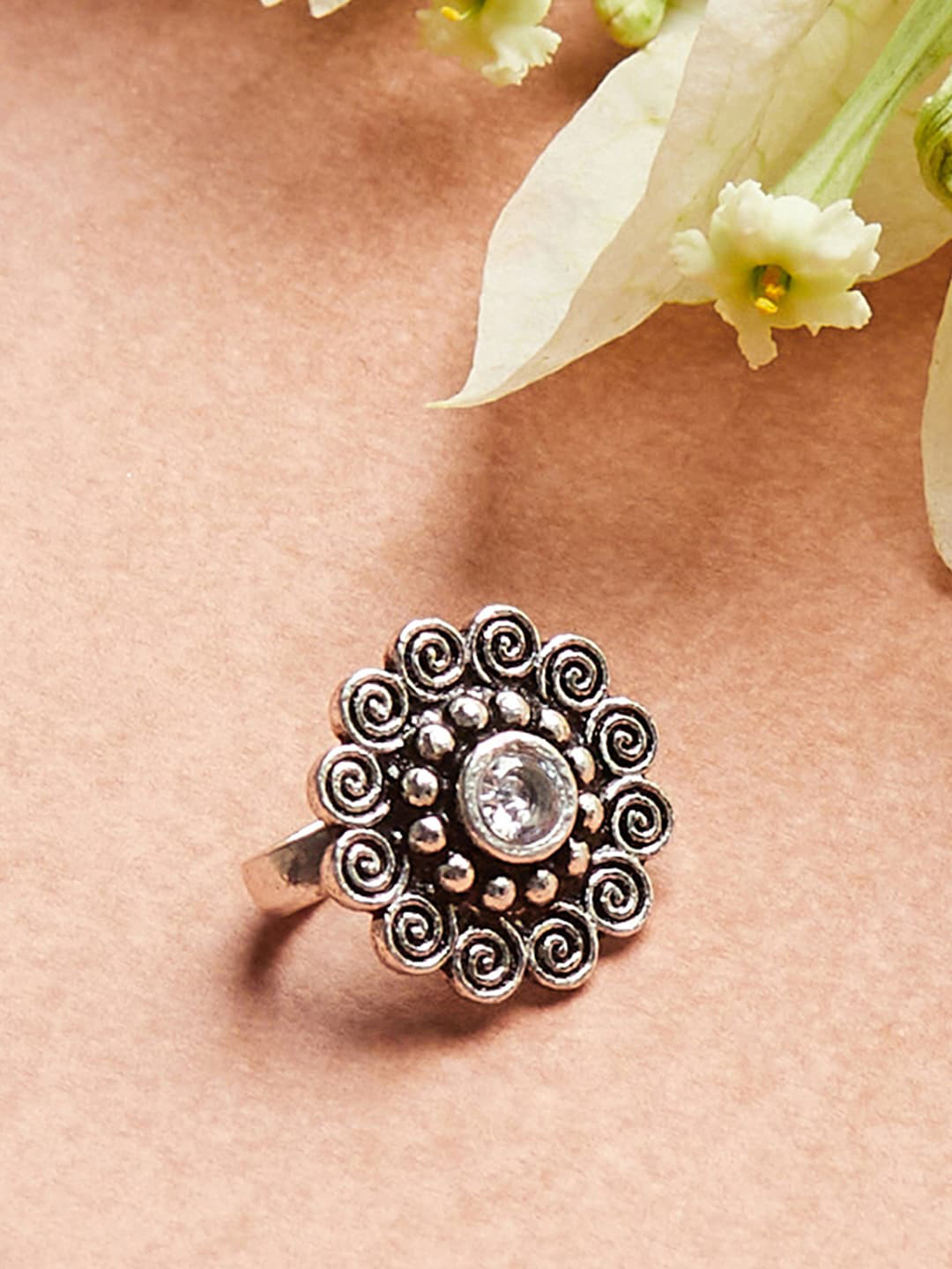 

Voylla Silver-Toned Oxidised Stone Studded Adjustable Nosepin