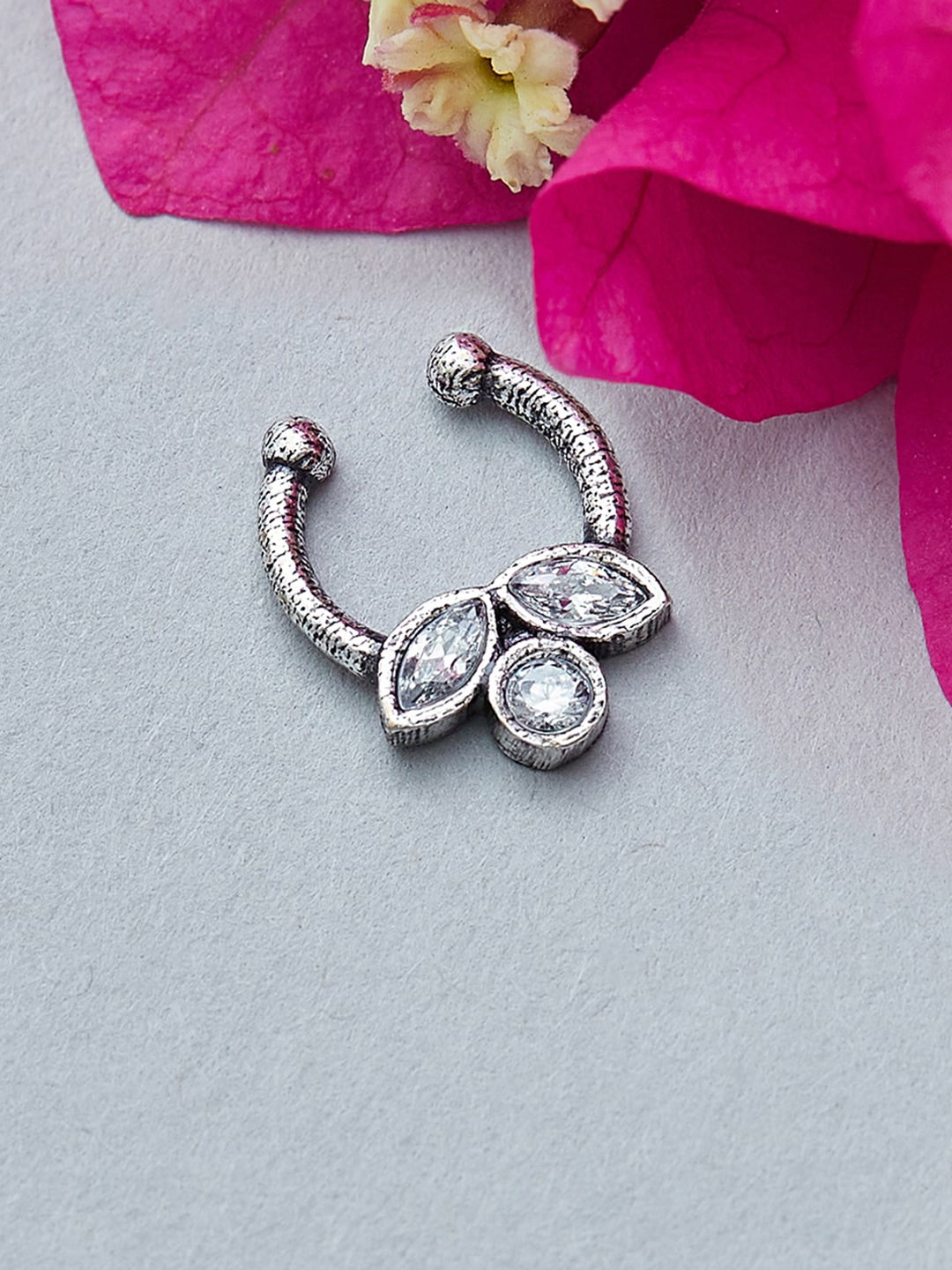 

Voylla Women Silver-Toned White Stone-Studded Nosepin
