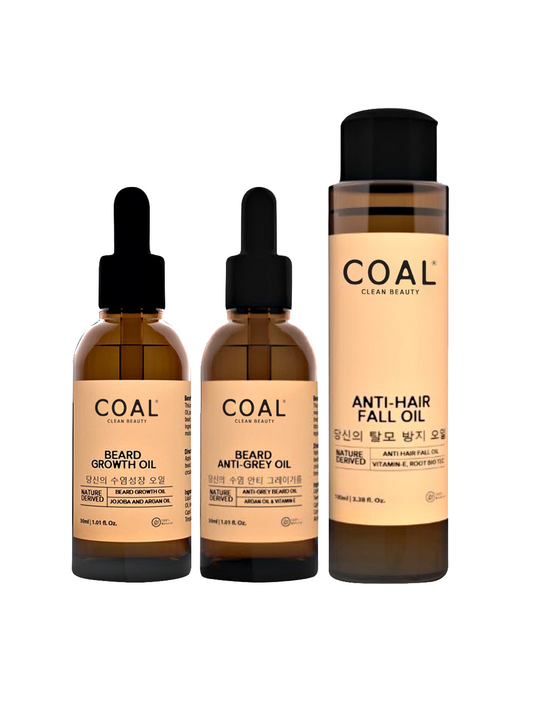 

COAL CLEAN BEAUTY Beard Growth Oil 30ml+Beard Anti-Grey Oil 30ml+Anti Hair Fall Oil 100ml, Peach