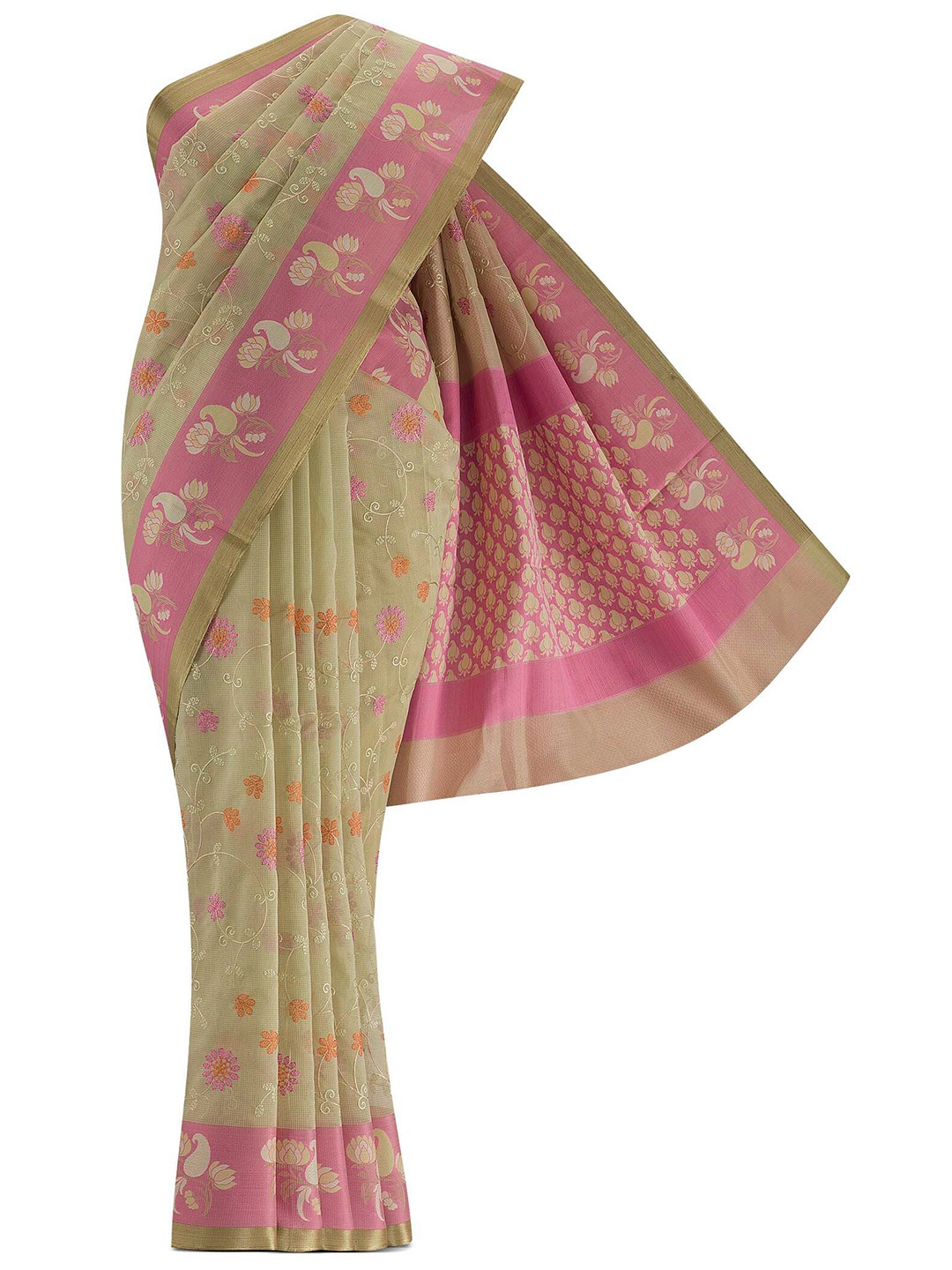 

Nalli Next Beige & Pink Woven Design Zari Pure Cotton Saree