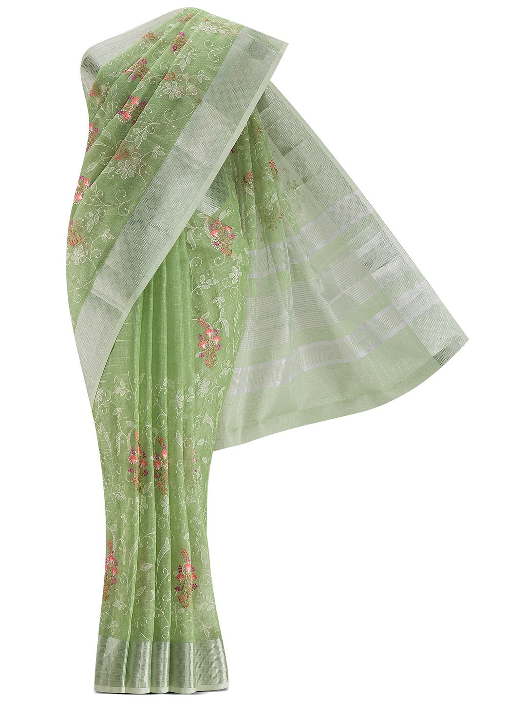 

Nalli Next Women Green & Silver-Toned Floral Pure Cotton Saree