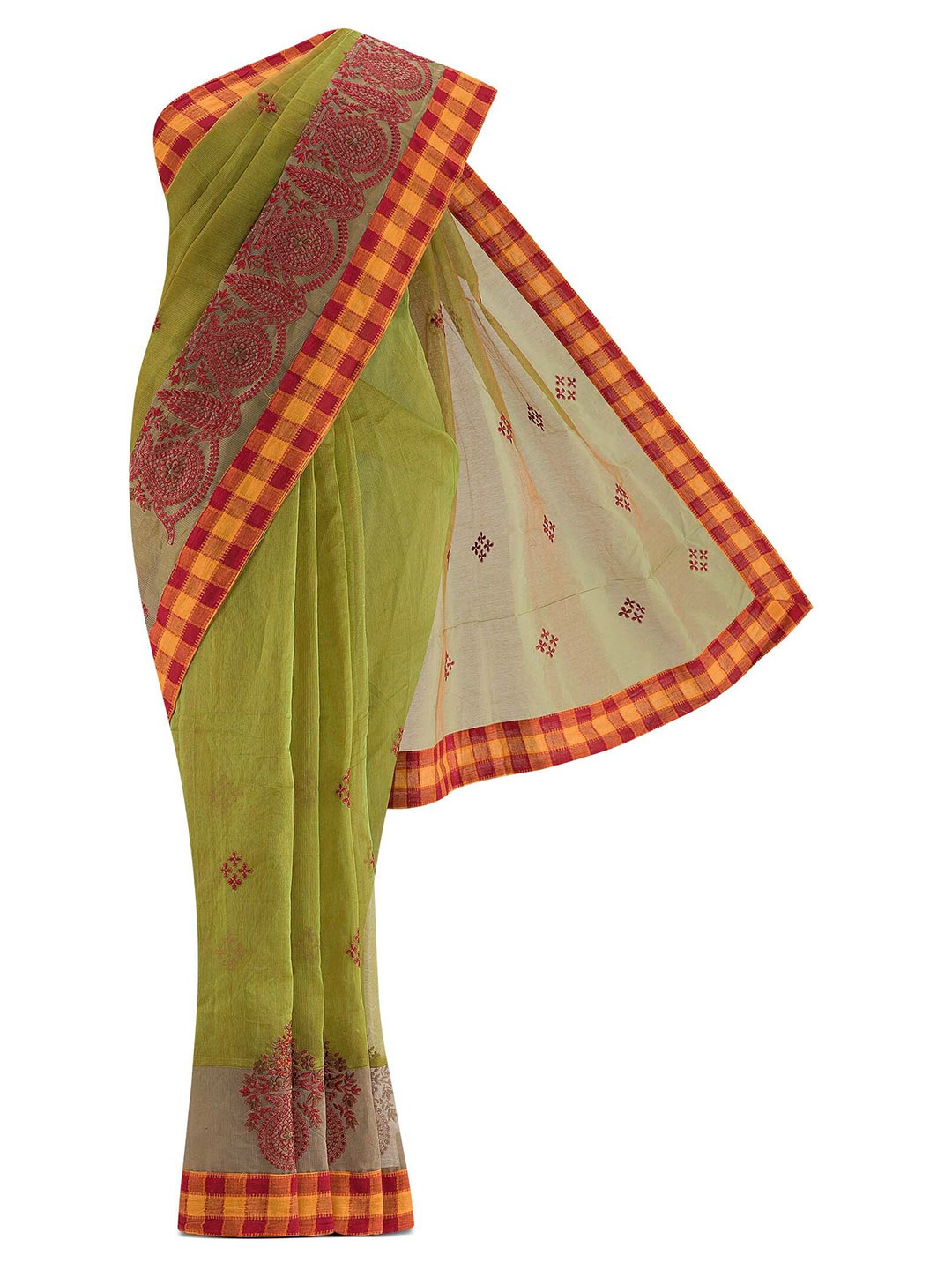 

Nalli Next Green & Orange Checked Pure Cotton Saree