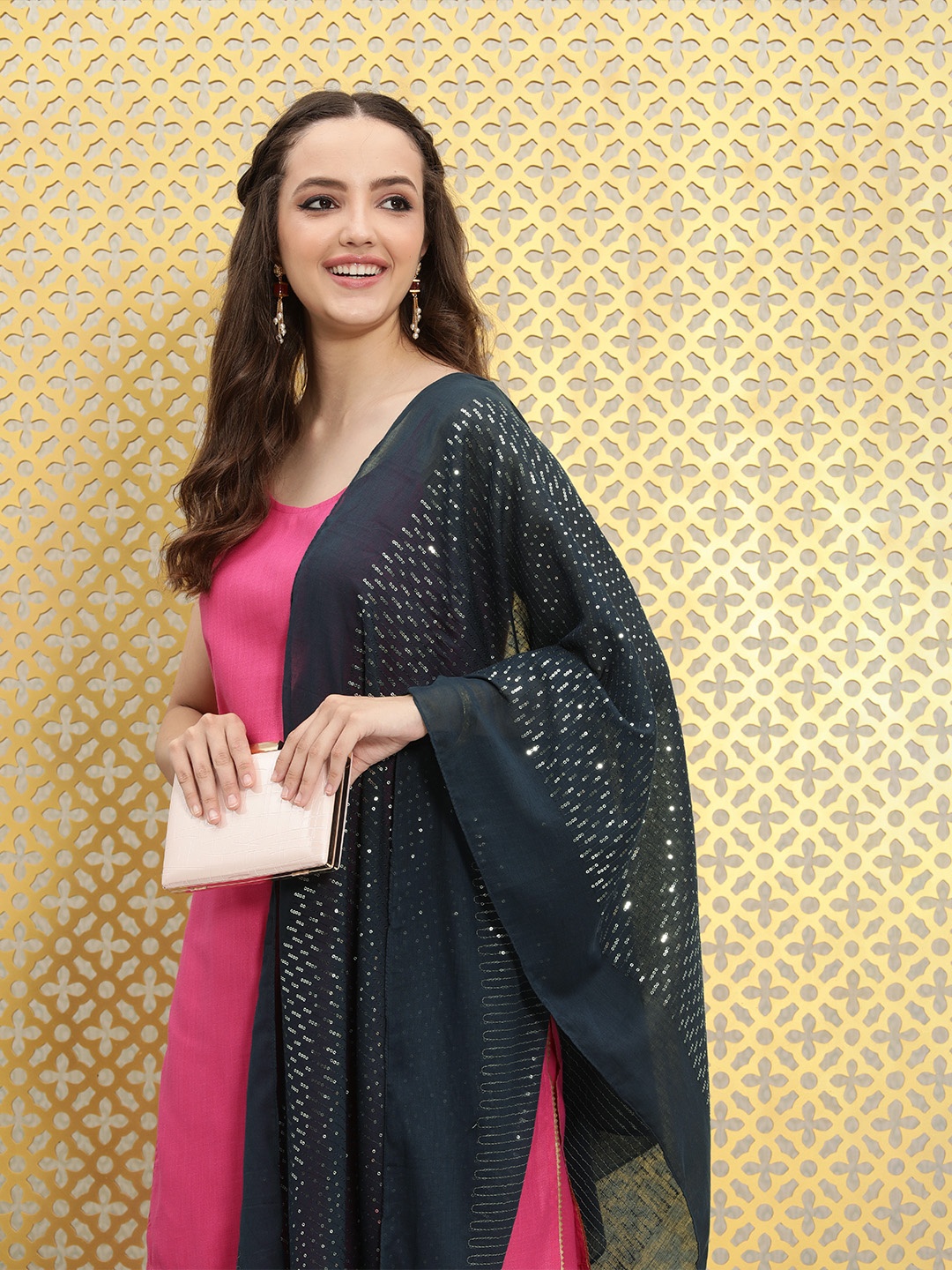 

Ode by House of Pataudi Navy Blue Embroidered Sequinned Dupatta