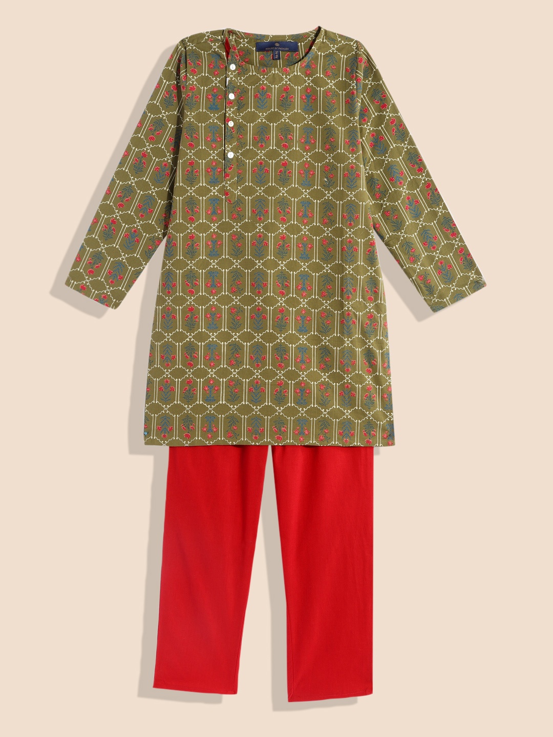 

House of Pataudi Rozana Boys Floral Print Regular Pure Cotton Kurta with Trousers, Olive