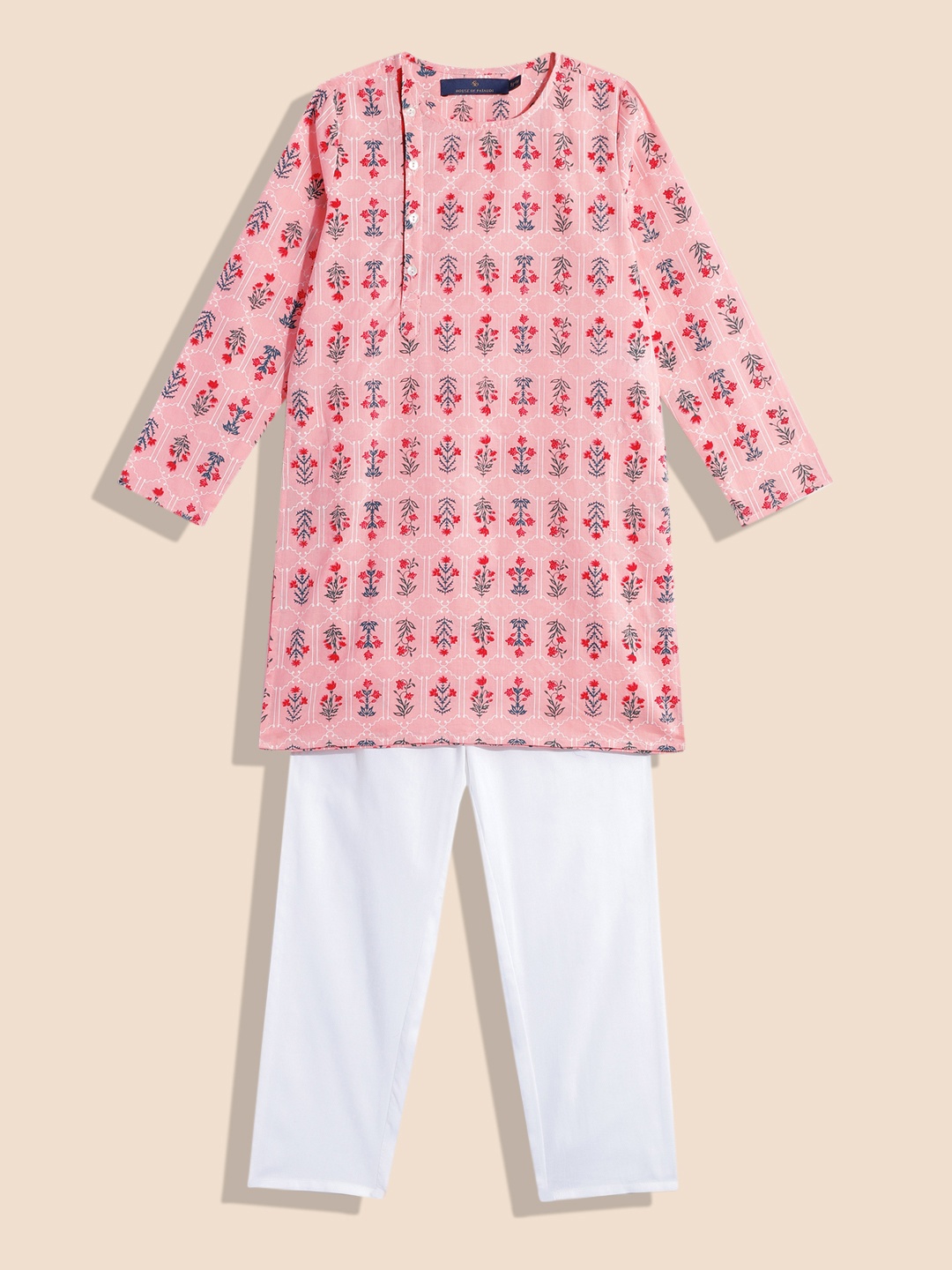 

House of Pataudi Boys Floral Printed Pure Cotton Angrakha A-Line Kurta with Trousers Set, Pink
