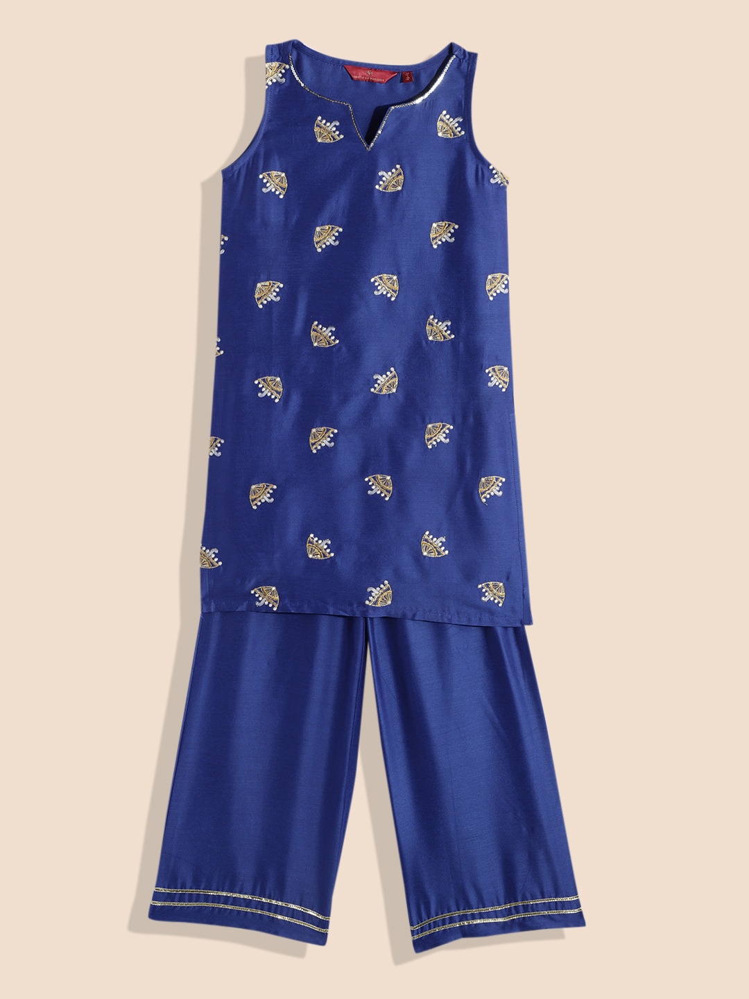 

House of Pataudi Rozana Girls Ethnic Motifs Embroidered Thread Work Kurta with Palazzos, Navy blue