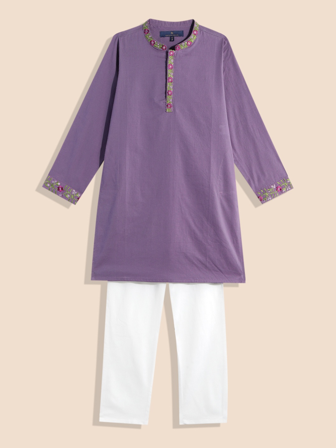 

House of Pataudi Rozana Boys Floral Placement Embroidered Pure Cotton Kurta & Trousers, Purple