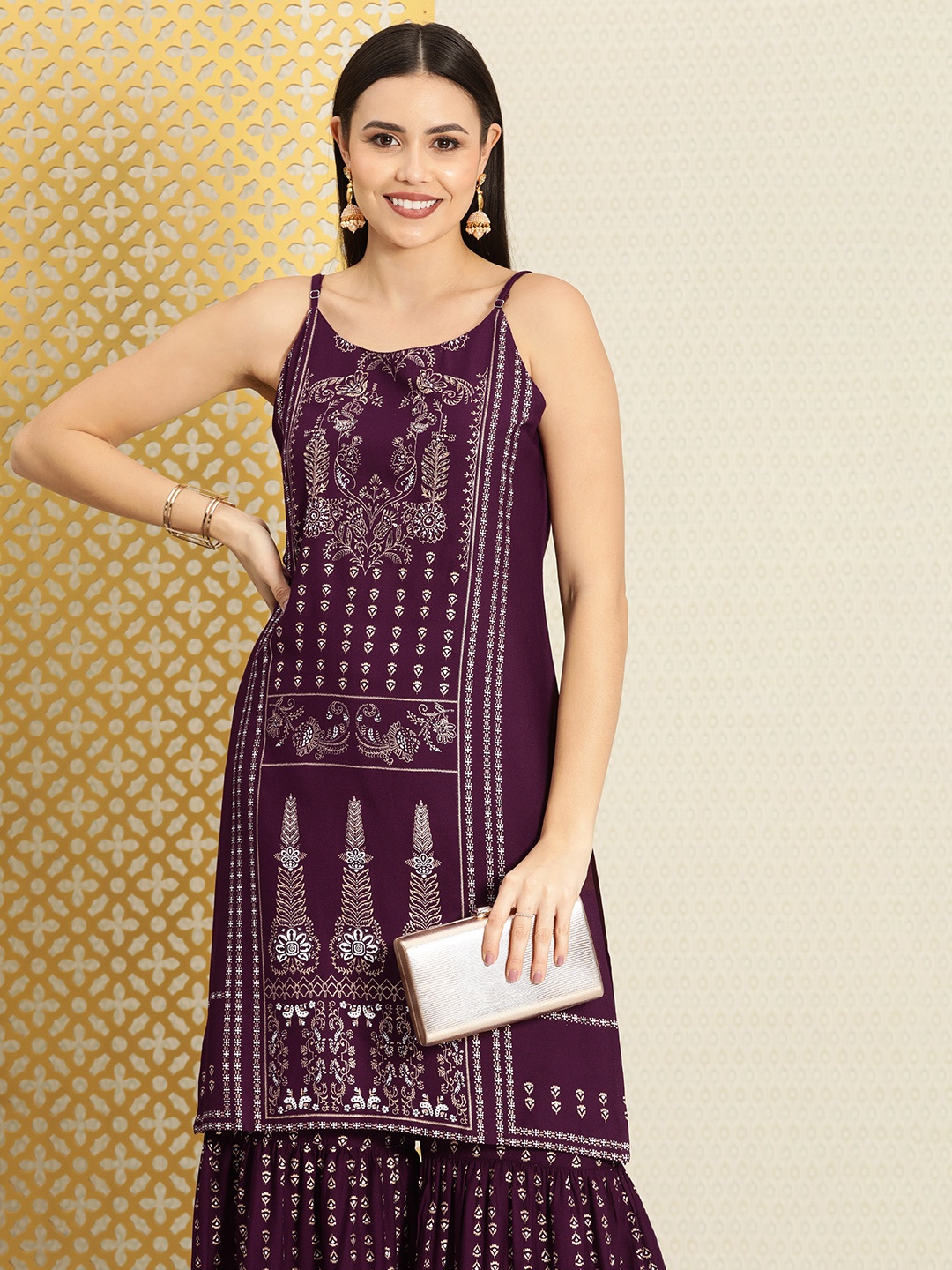 

House of Pataudi Women Purple Ethnic Motifs Foil Printed Jashn Kurta with Sharara