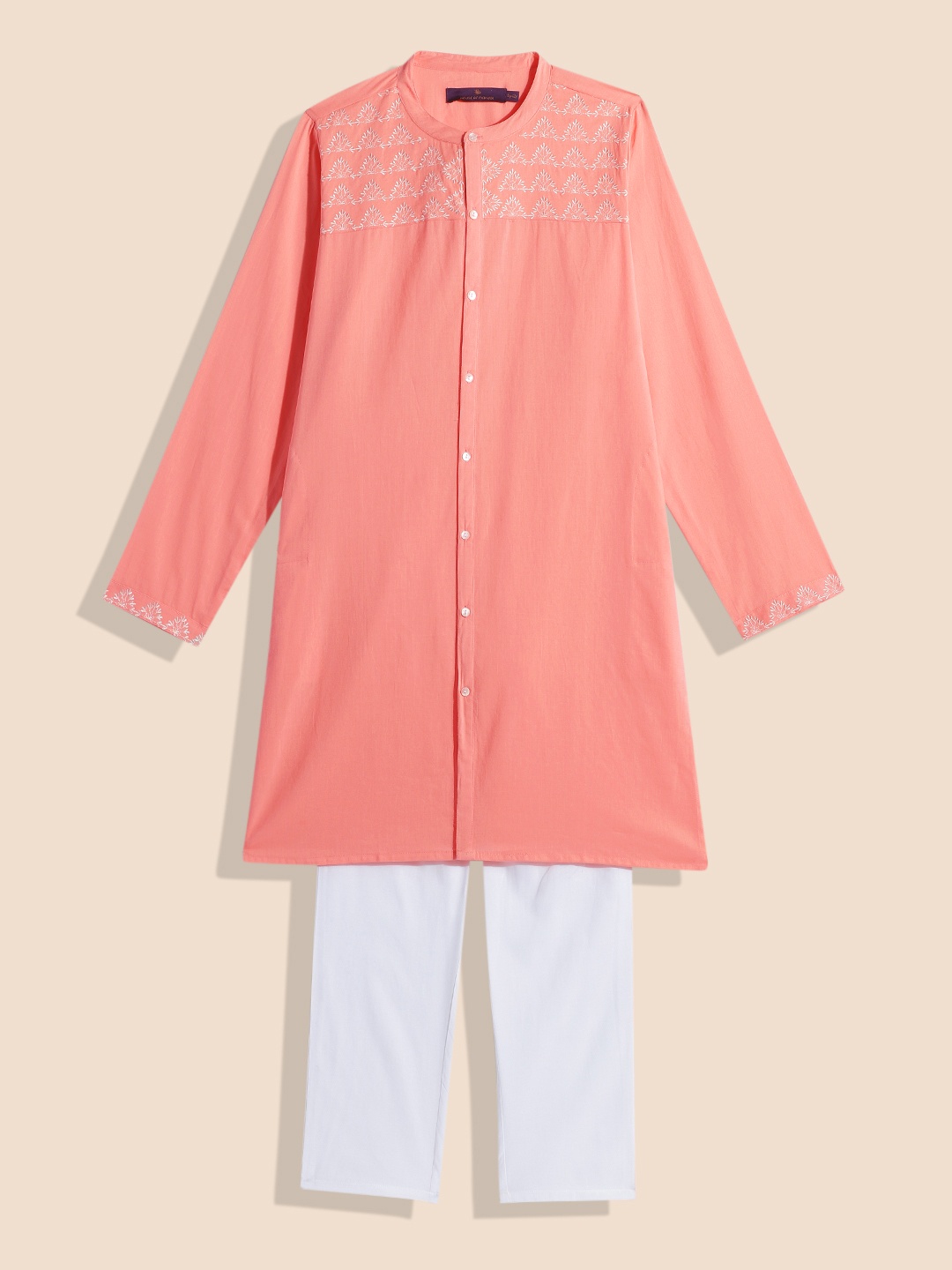

House of Pataudi Boys Yoke Design Embroidered Pure Cotton Rozana Kurta & Pyjamas, Peach