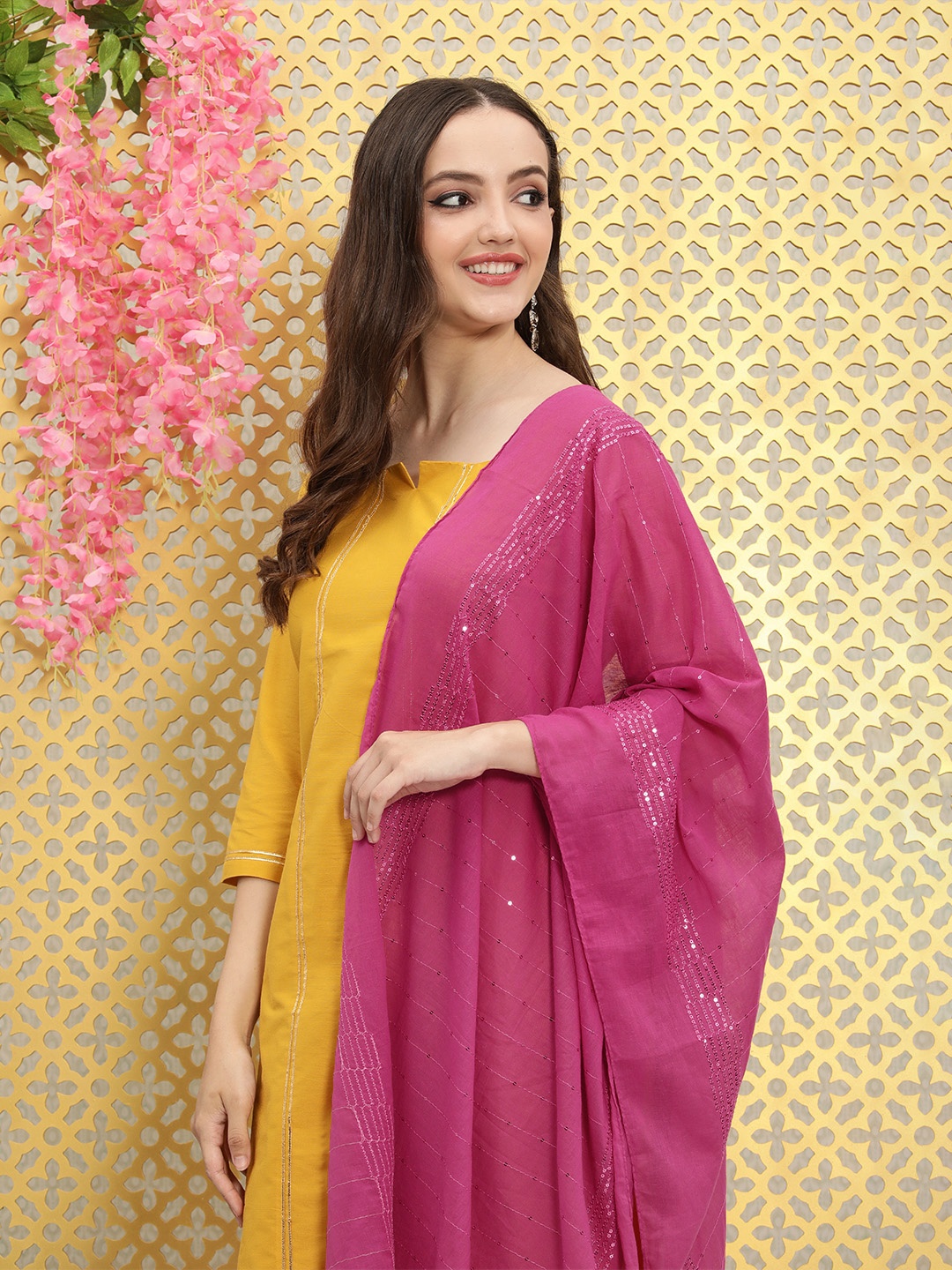

Ode by House of Pataudi Pink Embroidered Pure Cotton Dupatta with Sequinned