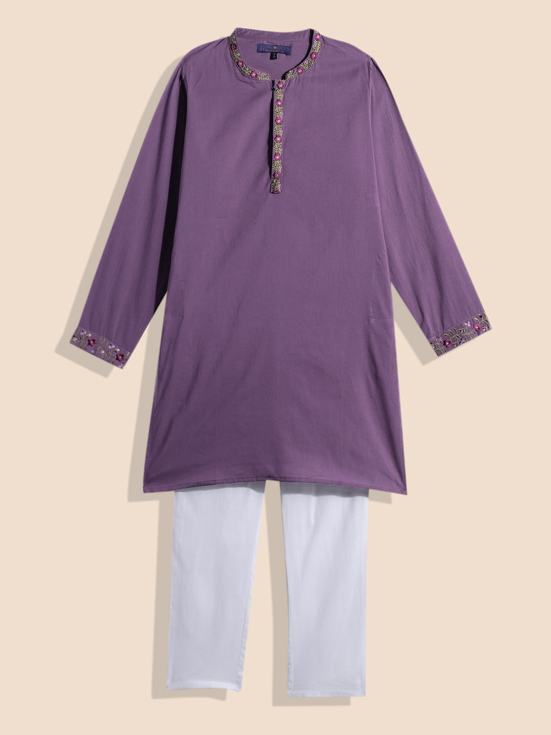 

House of Pataudi Boys Floral Yoke Design Embroidered Pure Cotton Rozana Kurta & Pyjamas, Purple
