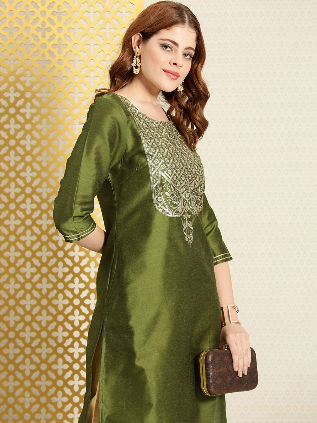 

House of Pataudi Women Green Ethnic Motifs Sequin Embellished Kurta
