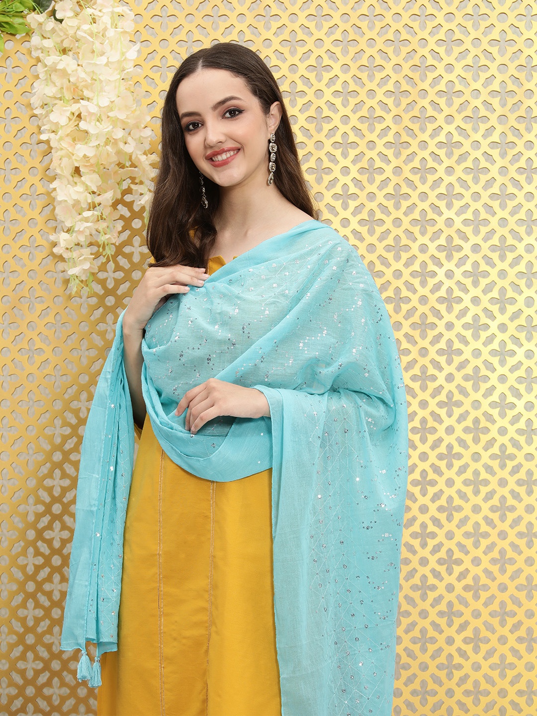 

Ode by House of Pataudi Turquoise Blue Embroidered Sequinned Dupatta